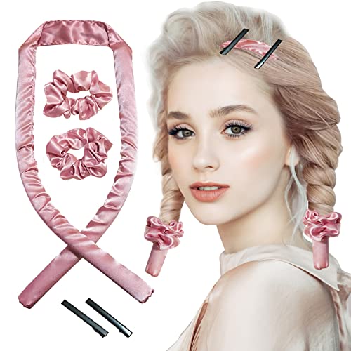 Ideanectics Heatless Hair Curler Headband for Long & Curly Hair - Pink 5 Piece Set | No Heat Curling Rods for Natural Waves | Perfect for Overnight Styling & Damage-Free Curls