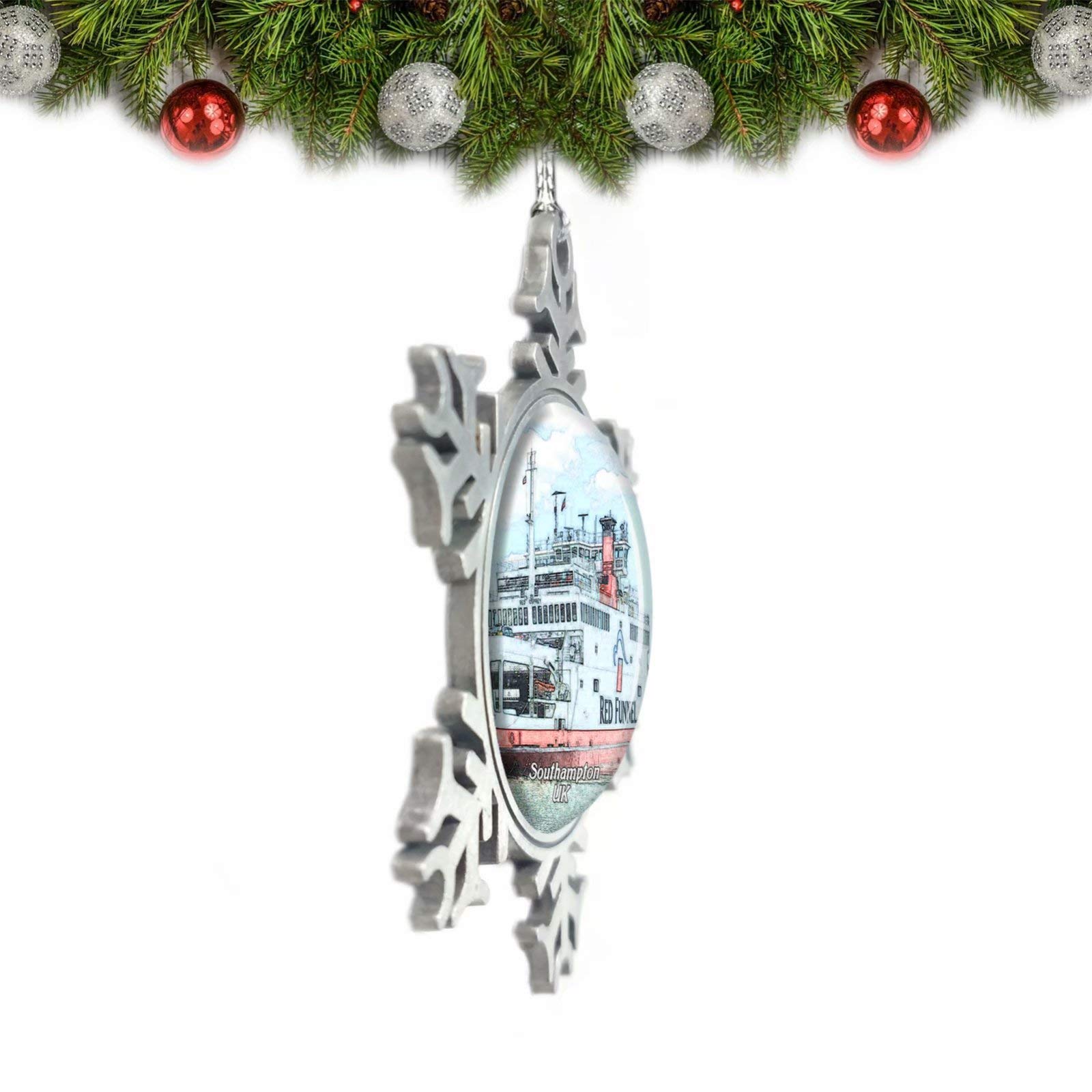 UK England Red Funnel Ferries Southampton Christmas Ornament - Crystal Metal Tree Decoration Souvenir Gift for Travel Lovers & Holiday Decor