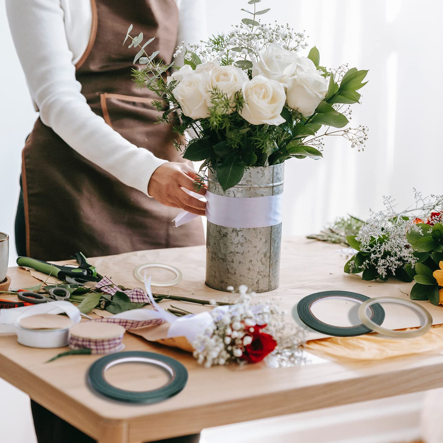 SAVITA 4 Rolls Floral Tape - 1/4 Inch x 21.9 YD & 1/4 Inch x 36.1 YD Waterproof Flower Arrangement Tape - Clear & Green Florist Tape for Bouquets, Wreaths, Artificial Flowers, Stem Wrapping & DIY Wedding Decorations
