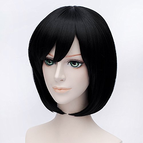 GOOACTION 12 Inch Short Straight Black Bob Synthetic Hair Wig with Bangs - Anime Cosplay Costume Party Wig for Halloween, Cosplay, and Themed Events