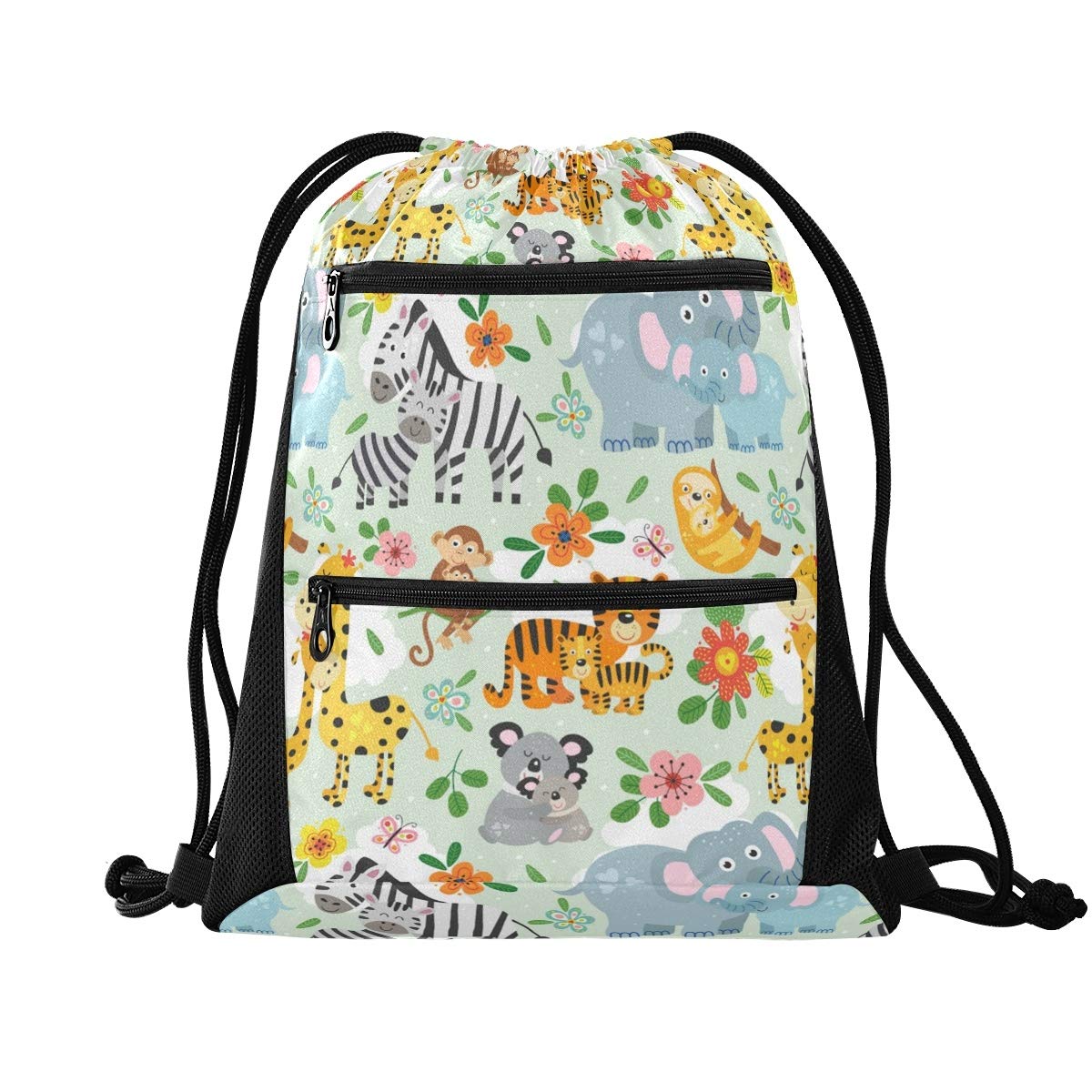 KFBE Drawstring Backpack - Cute Animal Print Gym Sack with Mesh & Zipper Pockets for Men & Women | Giraffe, Monkey, Elephant & Sloth Designs | Perfect for Sports, Gym, Travel & School Activities