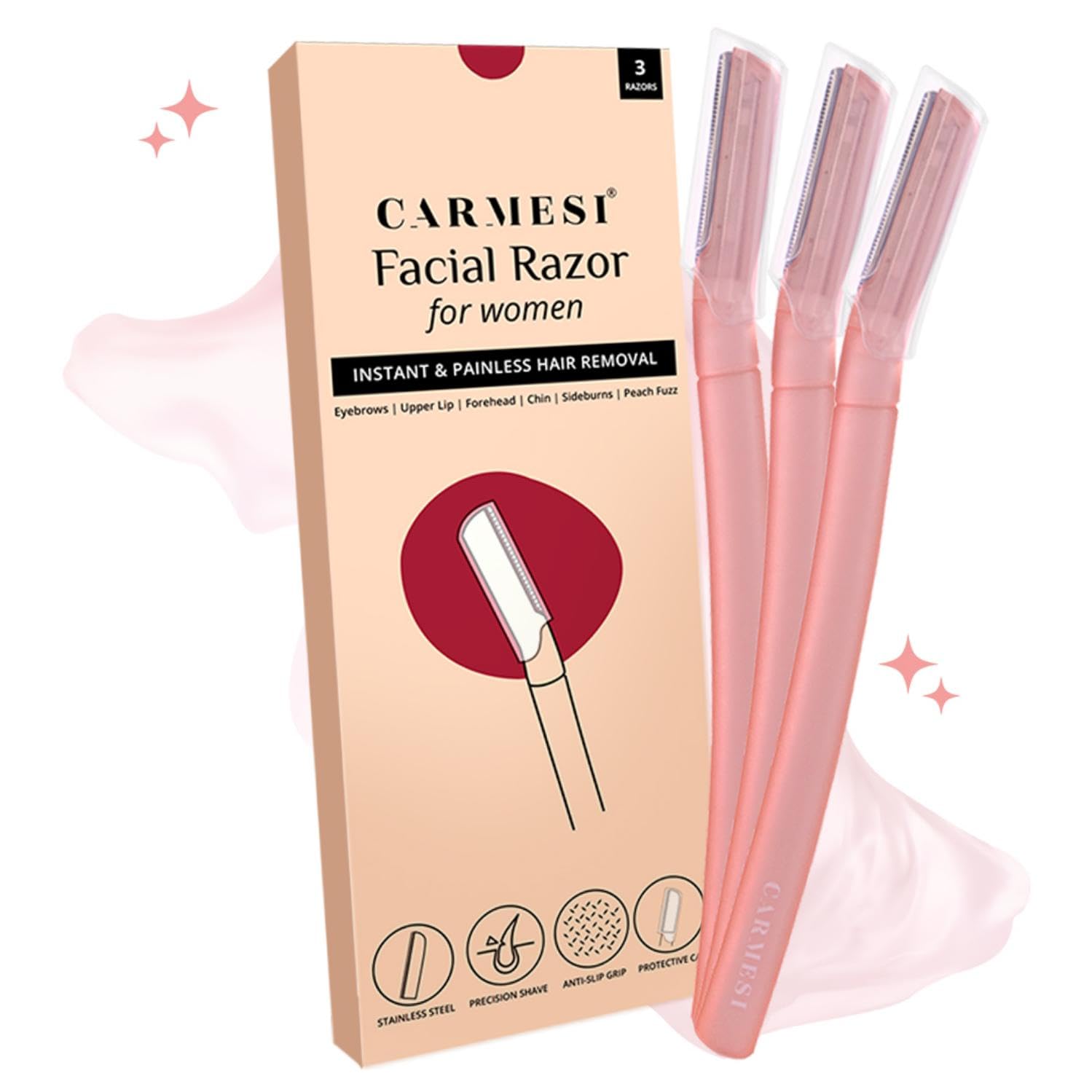 Carmesi Reusable Face Razor for Women - 3 Pack | Painless Facial Hair Removal for Eyebrows, Upper Lip, Chin & Sideburns | Dermaplaning Tool for Smooth Skin | Perfect for Home Spa & Travel Skincare Routine