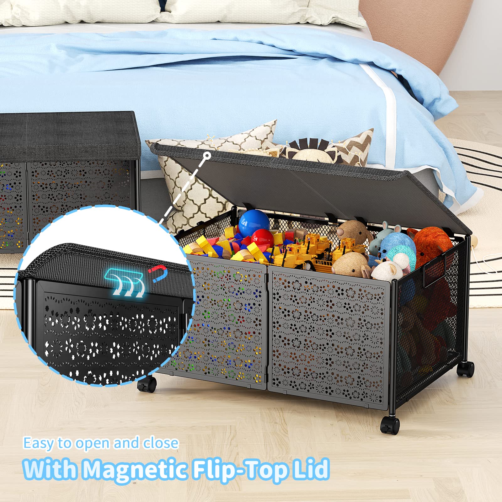 PHINOX 70L Large Toy Storage Box with Wheels - Collapsible Metal Toy Organizer Chest for Kids, Nursery & Playroom - 2 Pack for Boys & Girls | Perfect for Organizing Toys, Books & Games in Bedrooms, Daycares & Play Areas