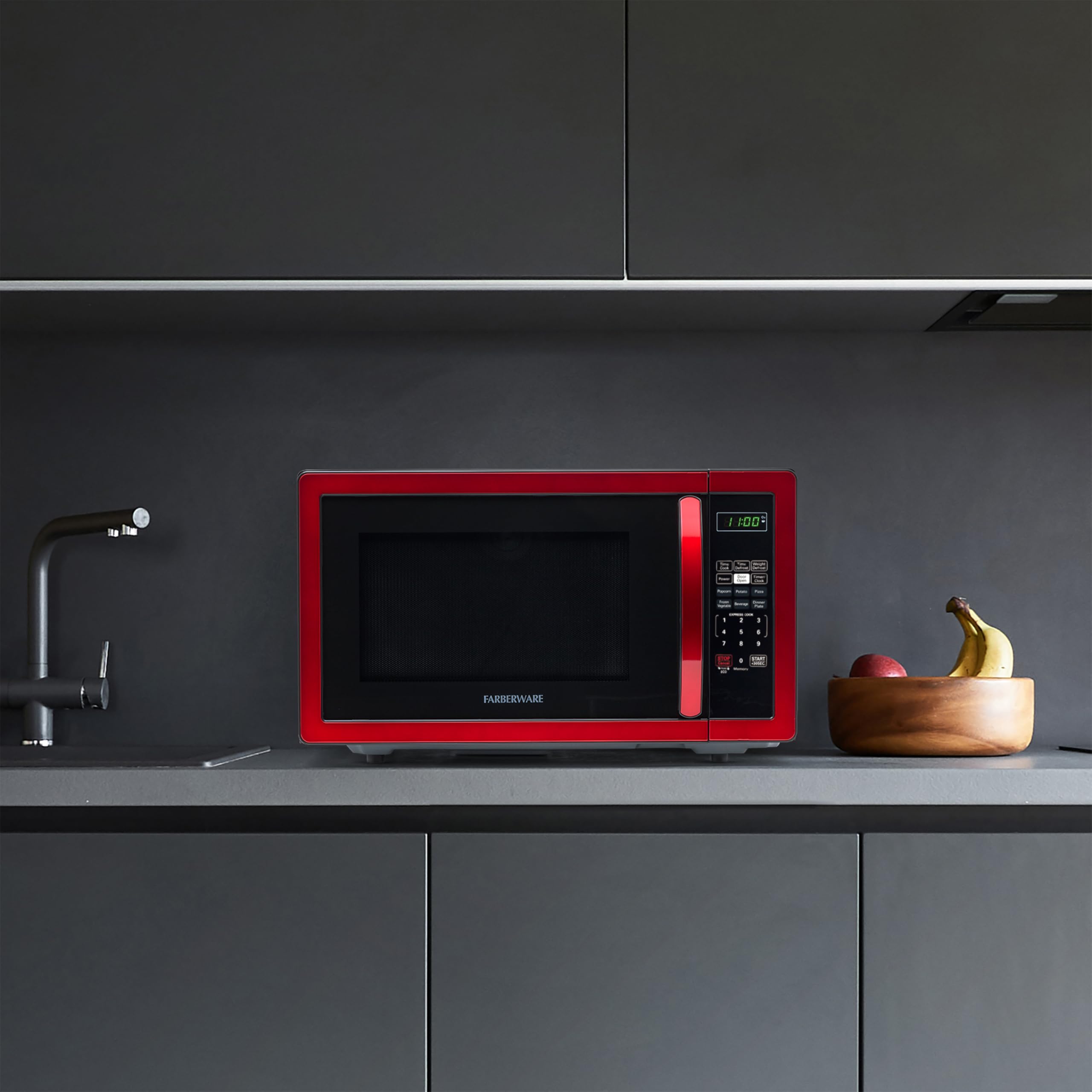 Farberware 1.1 cu ft 1000W Countertop Microwave Oven with LED Lighting & Child Safety Lock - Compact Space-Saving Design for Small Kitchens, Dorms, Apartments - Easy Clean Stainless Steel Red Finish - Perfect for Quick Meals, Reheating Food & Defrosting