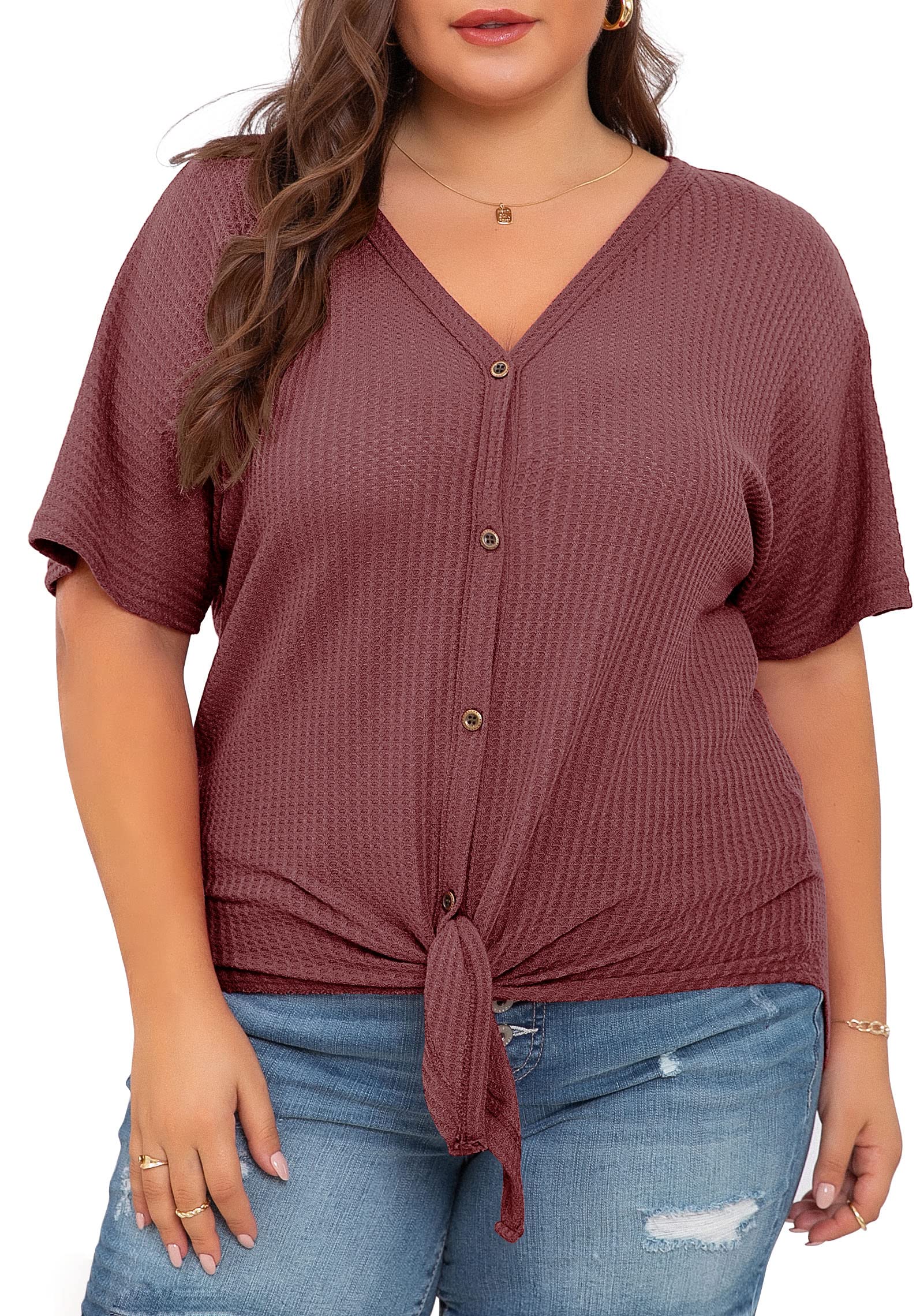 OLRIK Women's Plus Size Short Sleeve V-Neck Waffle Knit Tunic Blouse - Tie Front Button Up Casual T-Shirt for Work, Date Night & Everyday Wear