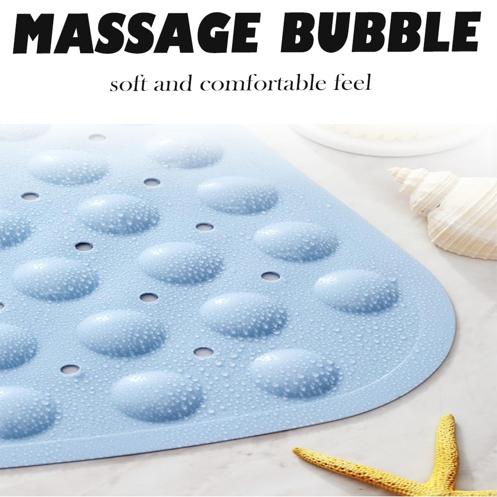 Non-Slip Quick Dry Bath Mat with Suction Cups - 21x21 Inch Shower Floor Mat with Drain Holes, Machine Washable for Bathroom & Shower Stall - Perfect for Wet Floors, Kids & Elderly Safety (Blue)
