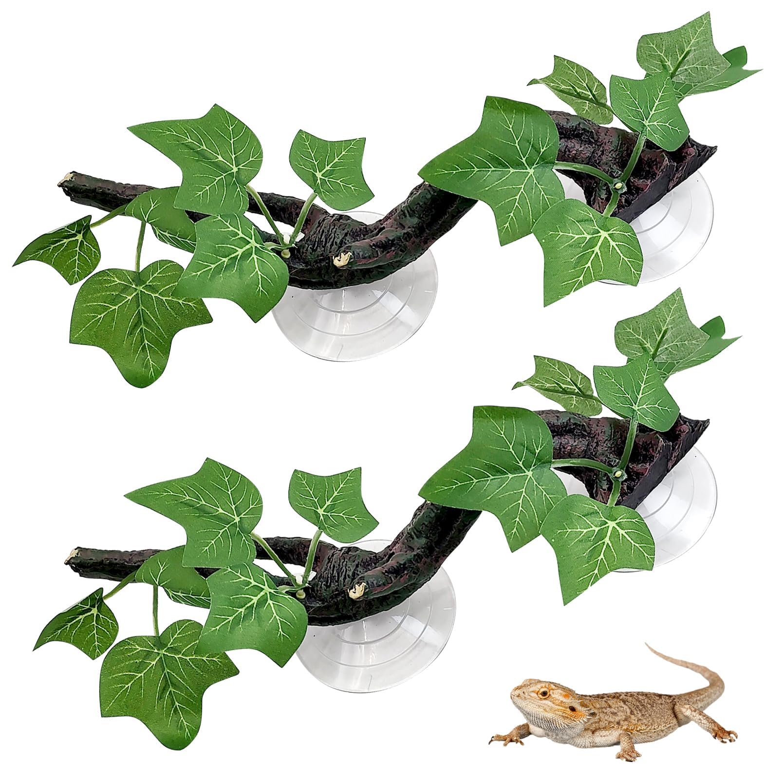 PINVNBY 2 Pack Reptile Corner Branches - Natural Terrarium Plants Decor with Suction Cups for Lizards, Snakes & Amphibians - Perfect for Climbing & Habitat Enrichment in Reptile Tanks