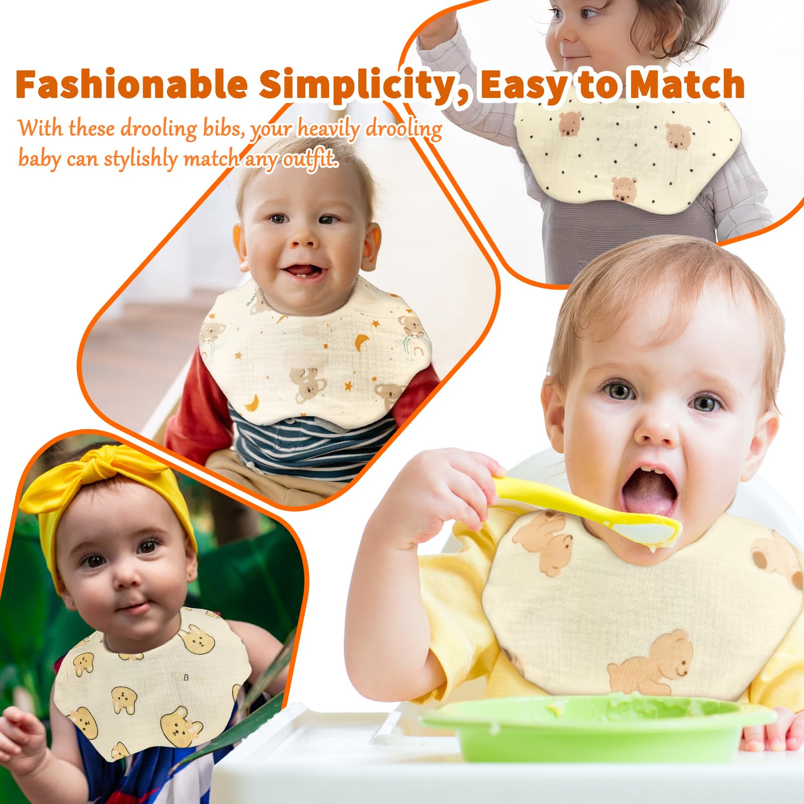 EllieHouse 8 Pack Organic Muslin Baby Bibs for Girls & Boys - Soft Cotton Drool Bibs for Teething Toddlers & Infants - Perfect for Feeding, Playtime & Everyday Use