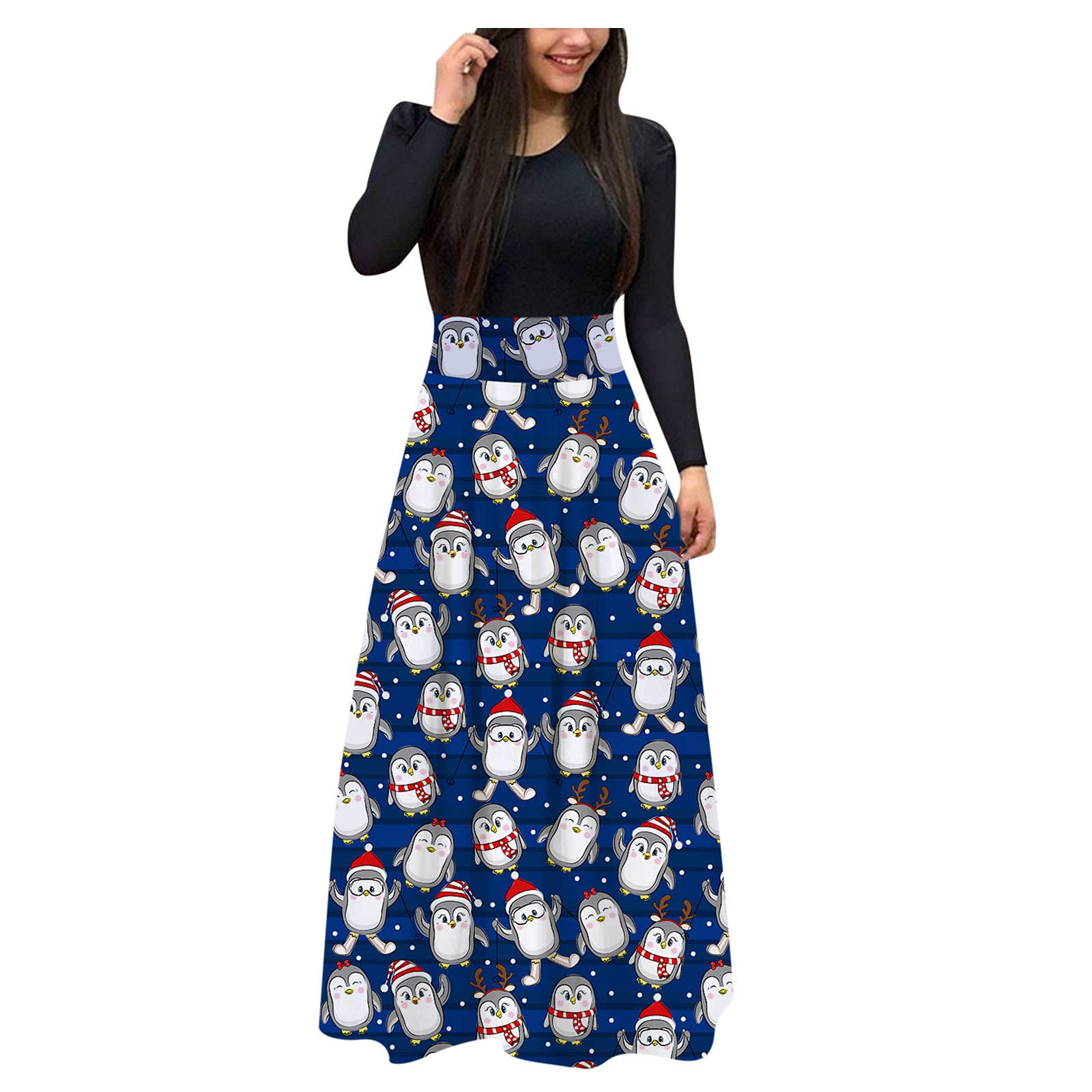 YSWD Women's Christmas Print Maxi Dress - Long Sleeve High Waist Party Dress for Holiday, Casual Wear & Festive Occasions