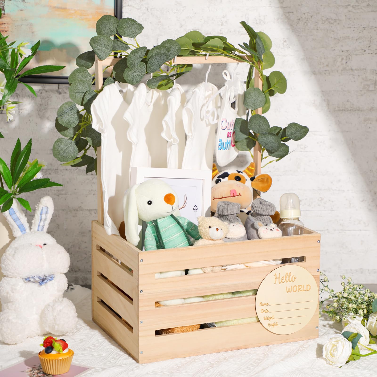 Barydat Wooden Baby Shower Crate with Handle - Baby Announcement Sign Garland Hangers & Large Letters - Perfect for Pregnancy Announcements, New Parent Parties & Nursery Decor (Beige) | Ideal for Baby Showers, Gender Reveals & Nursery Organization