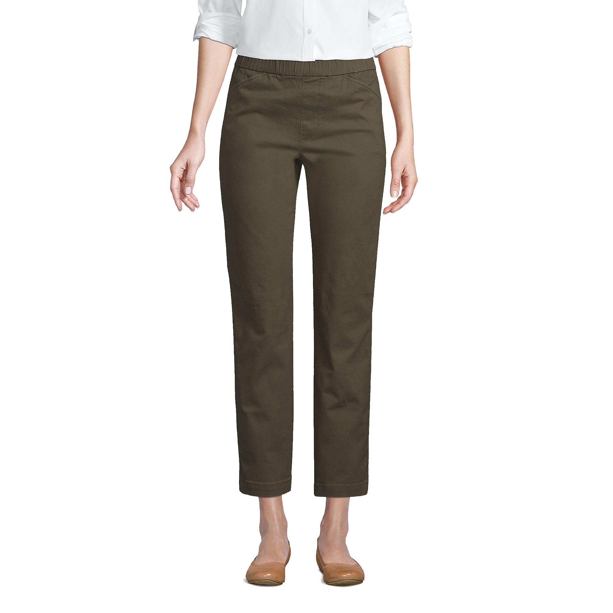 Lands' End Women's Mid Rise Pull-On Chino Crop Pants - Forest Moss, Size 10 Regular | Comfortable Stretch Casual Pants for Work, Travel & Everyday Wear