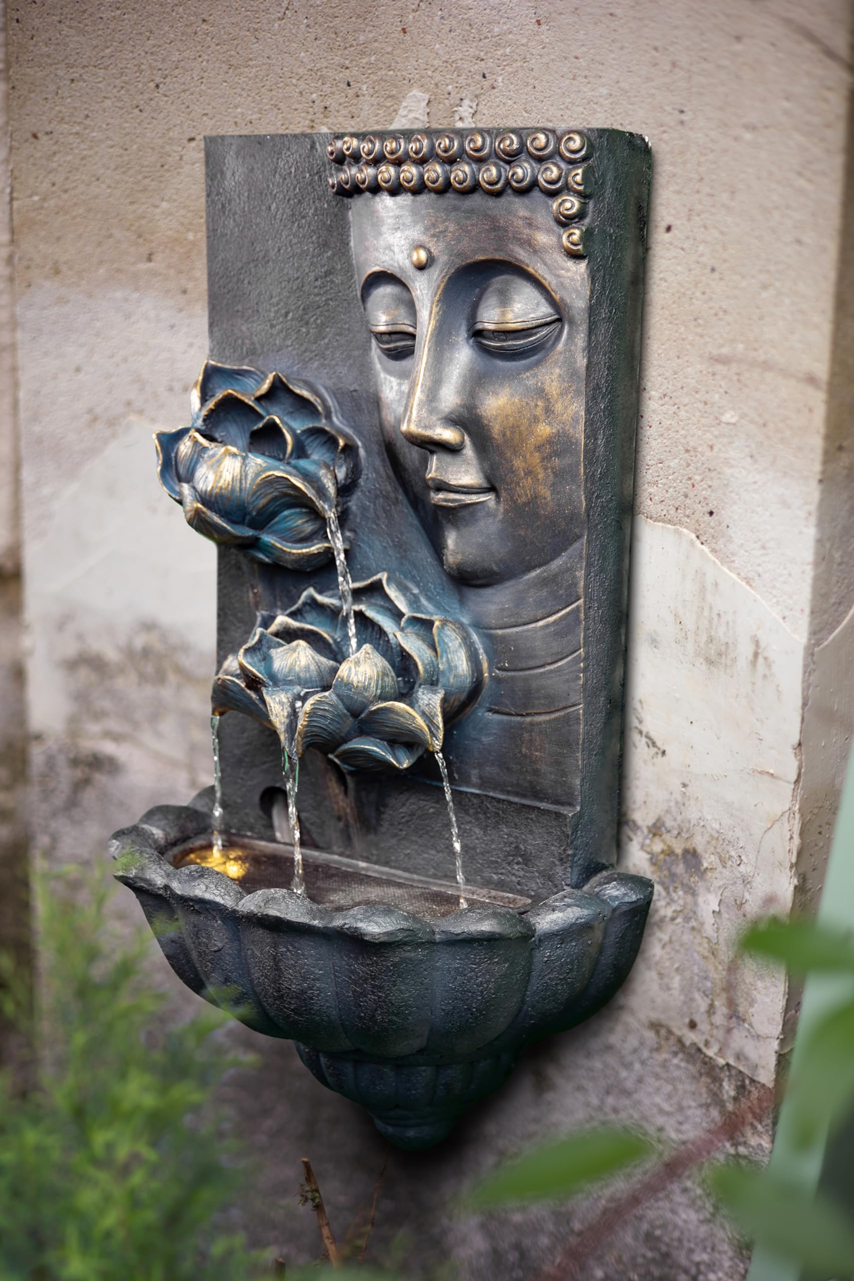 32.3 Inch Tall Outdoor Cascading Lotus Buddha Face Zen Water Fountain - Serene Garden Decor for Meditation & Relaxation | Perfect for Patio, Yard & Zen Garden