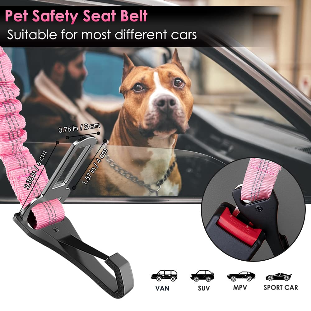 SlowTon Adjustable Dog Seat Belt for Car Safety - 2-in-1 Latch Bar Attachment with Elastic Bungee & Reflective Nylon Leash - Secure Pet Harness Connection (Pink) - Perfect for Road Trips & Daily Commutes