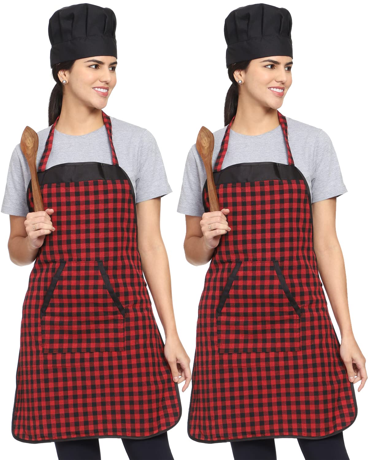Premium White Check Cotton Cross Pocket Apron for Women & Men - Waterproof Kitchen Cooking Apron with Chef Cap - Ideal for Cooking, Baking, BBQ & Restaurant Use