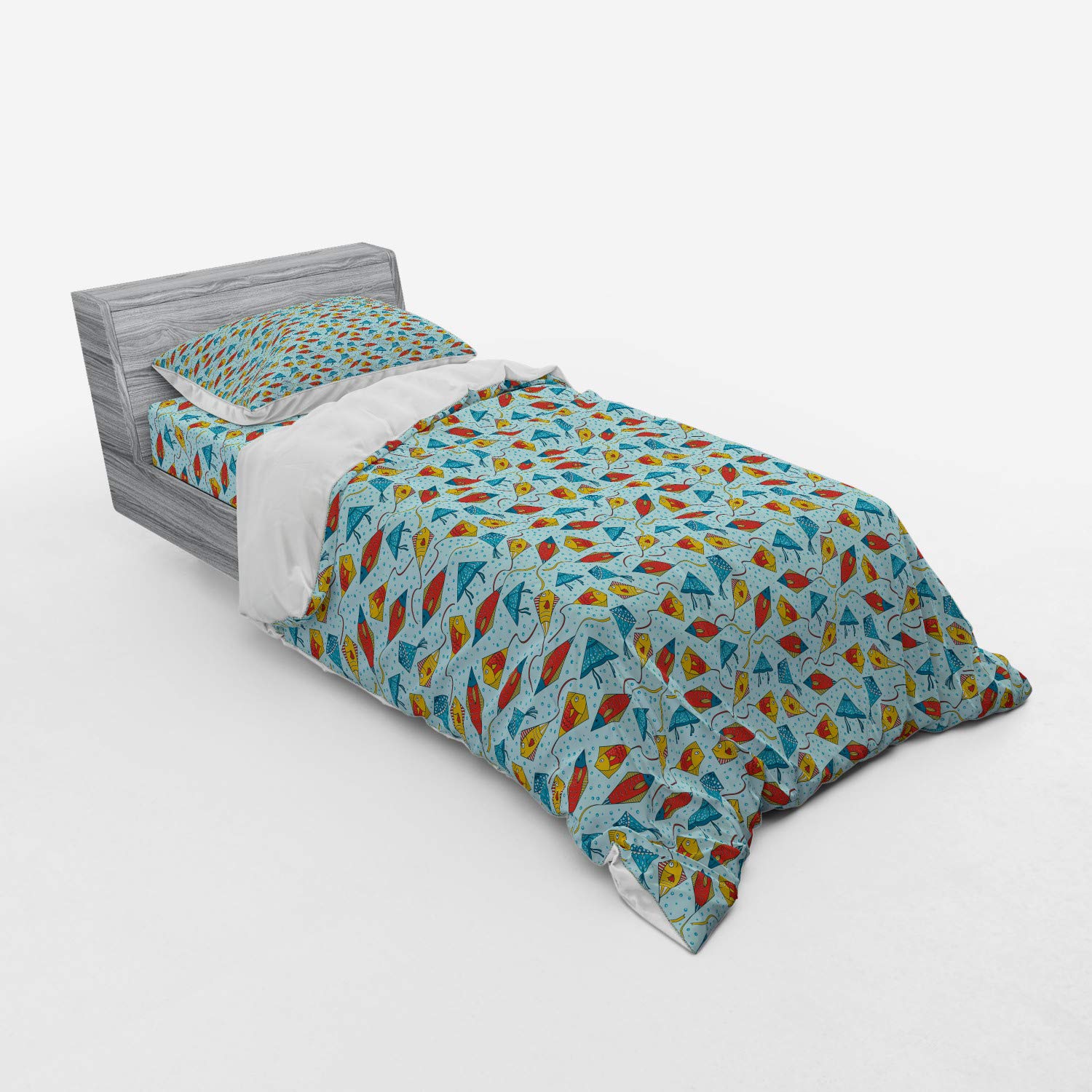 Ambesonne Fish Duvet Cover Set - Blue Aquatic Animal Kite Pattern with Bubble Design, 3-Piece Twin Size Bedding Set with Sham & Fitted Sheet | Perfect for Kids' Rooms, Beach Themed Decor & Ocean Lovers