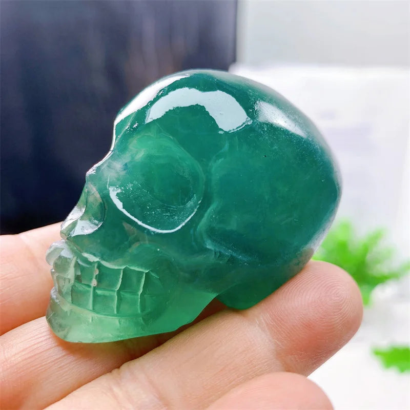 Natural Fluorite Skull Carving Sculpture - Healing Crystal Gemstone Art, 2 Inch Handcrafted Home Decor for Meditation, Reiki & Spiritual Healing - Unique Gift for Collectors & Crystal Enthusiasts