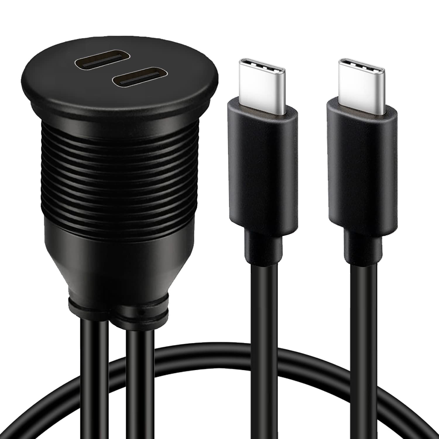 BATIGE 2-Port USB C 3.1 Car Flush Mount Cable - Waterproof Dual Type C Panel Mount Extension (Male to Female, 3ft) for Car, Truck, Boat & Motorphone Charging - Perfect for Road Trips & Marine Use