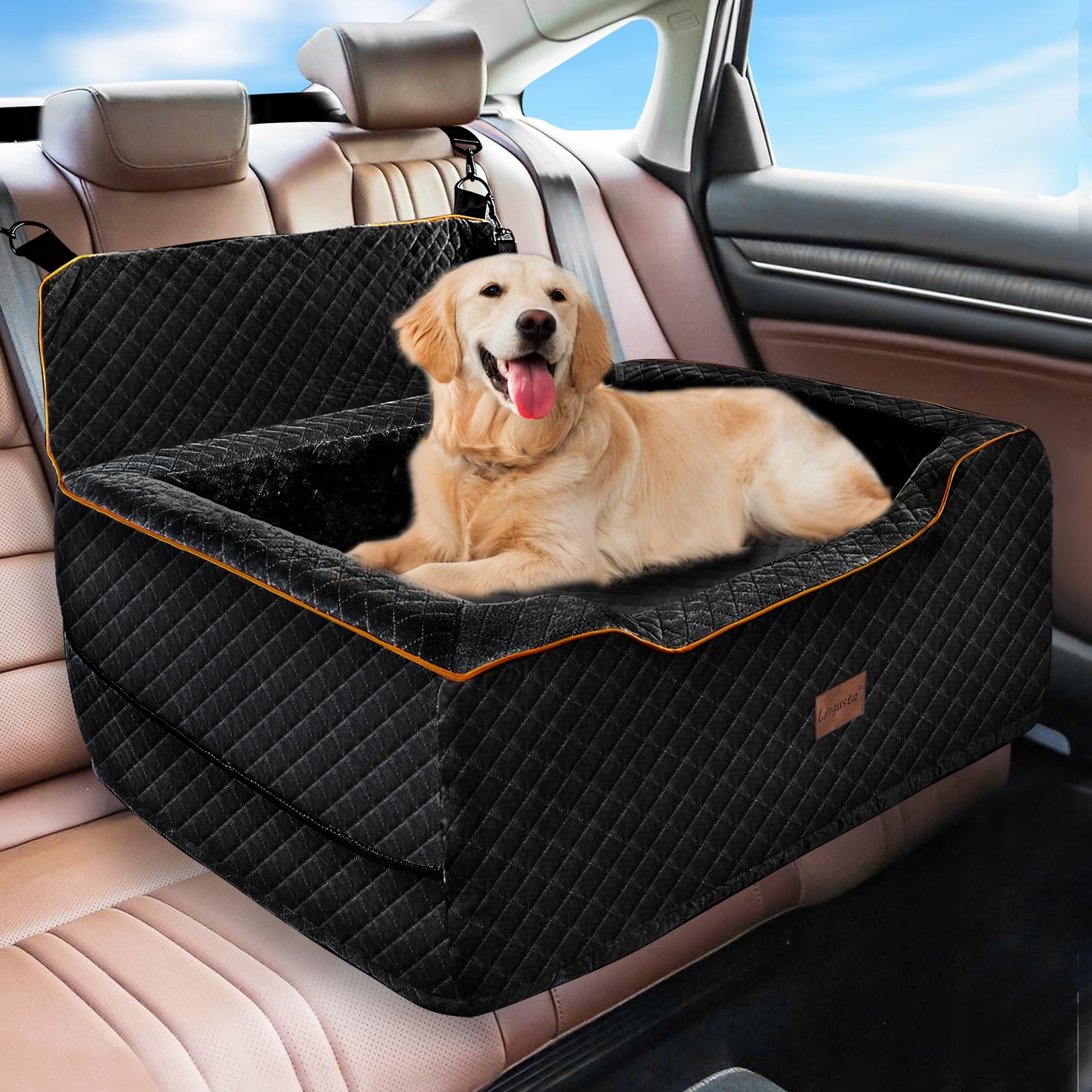 Premium Dog Car Seat for Large & Medium Dogs - Washable Booster Seat with Storage Pockets | Travel Safety Pet Bed for Dogs Under 60Lbs (Black) | Perfect for Road Trips, Daily Commutes & Vet Visits