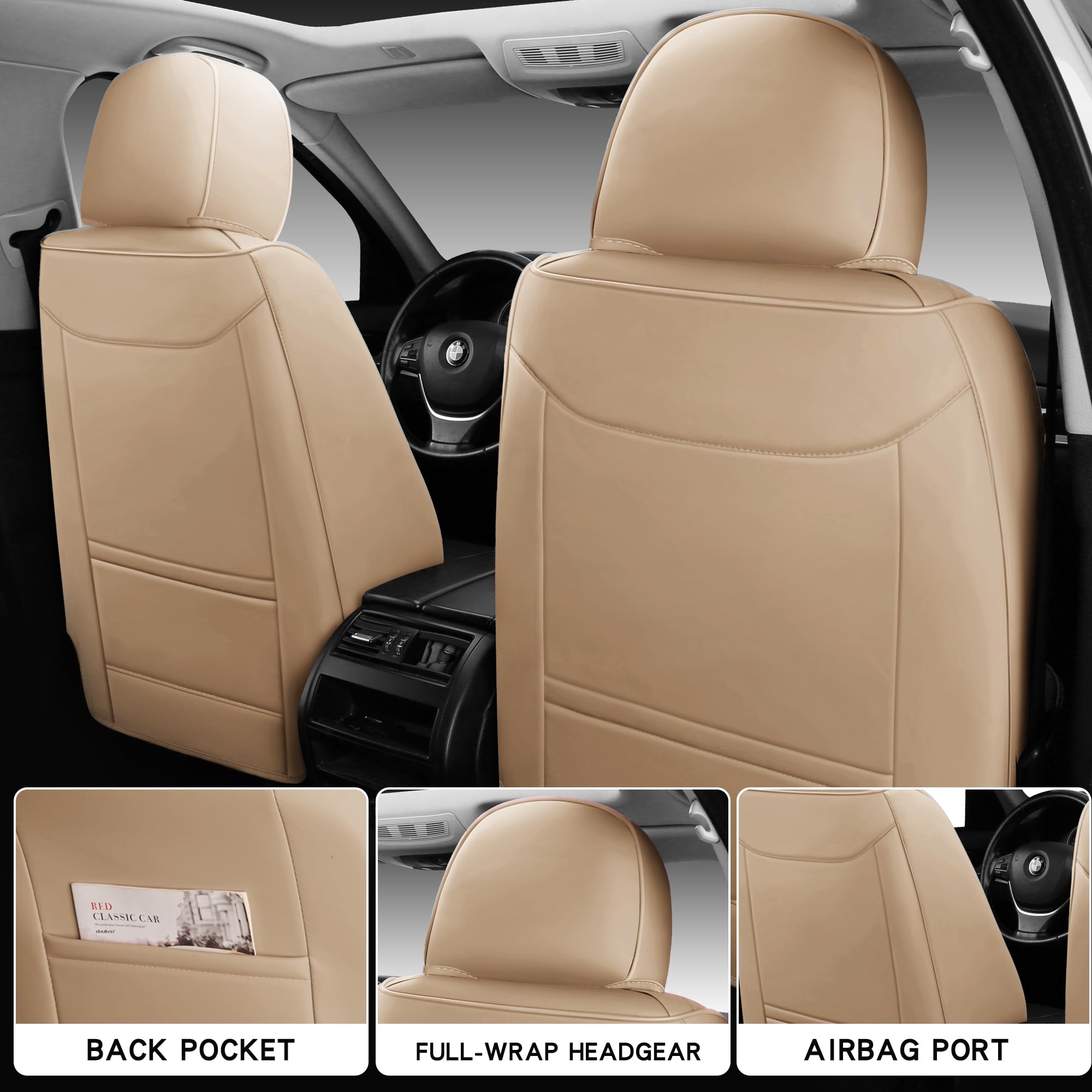 Premium Universal Fit Full Coverage Leather Car Seat Covers - Waterproof Luxury Protector for Sedans, Trucks & SUVs (2-Seat Set, Beige) - Perfect for Daily Commute, Road Trips & Family Travel