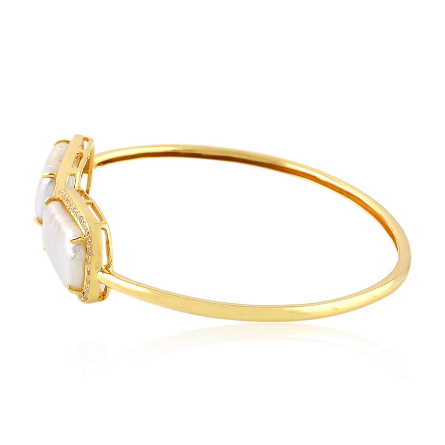 Exquisite 18K Gold Cushion Cut Pearl & Natural Diamond Designer Cuff Bracelet for Women | Elegant Jewelry Gift for Anniversary, Wedding & Special Occasions