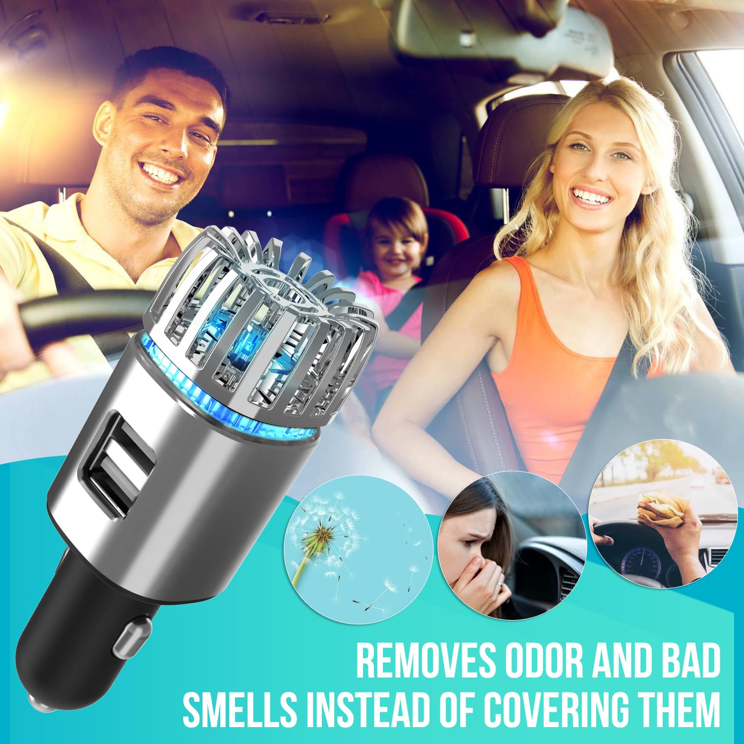 12V Car Air Purifier & Ionizer with Dual USB Fast Charger - Releases 5.6 Million Anions to Remove Dust, Smoke & Odors - Perfect for Road Trips & Commuting (Silver)