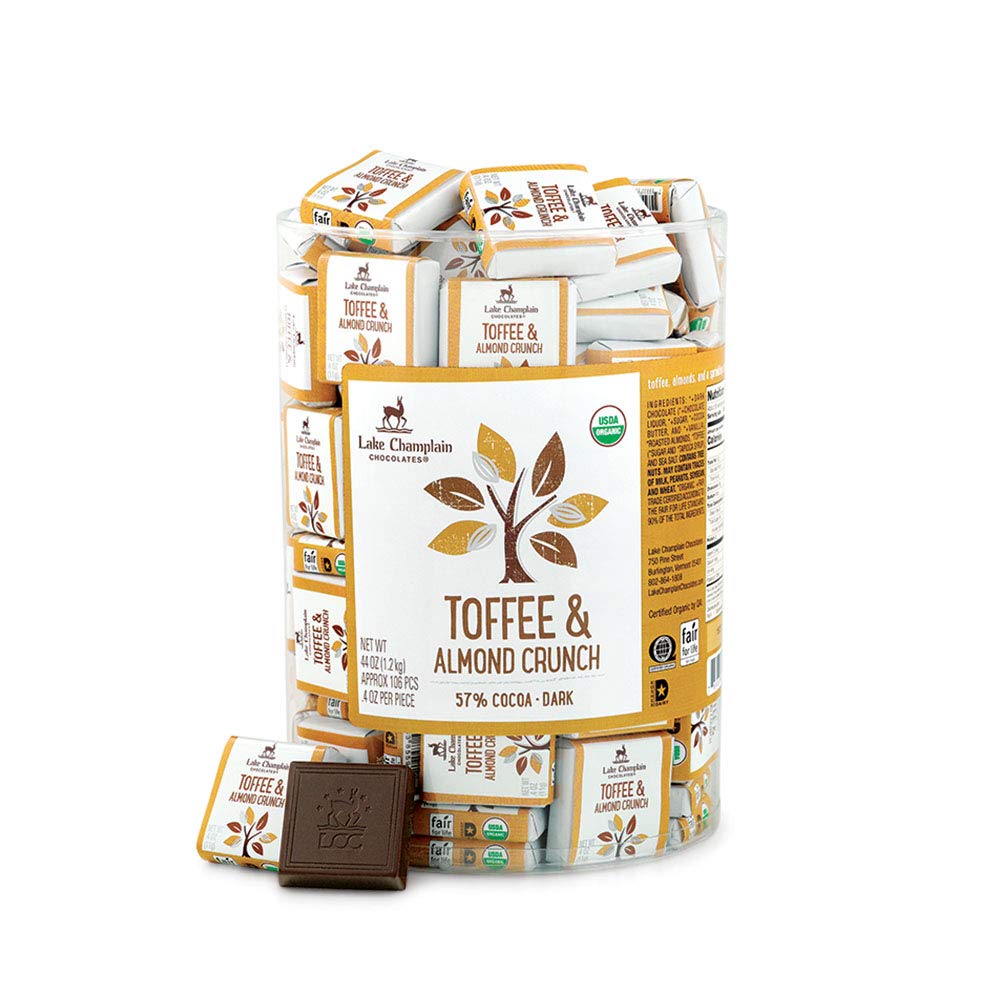 Organic Toffee Almond Crunch Dark Chocolate Squares by Lake Champlain Chocolates - 106 Count (0.4 oz Each) - Gourmet Snacks, Holiday Gifts & Party Favors