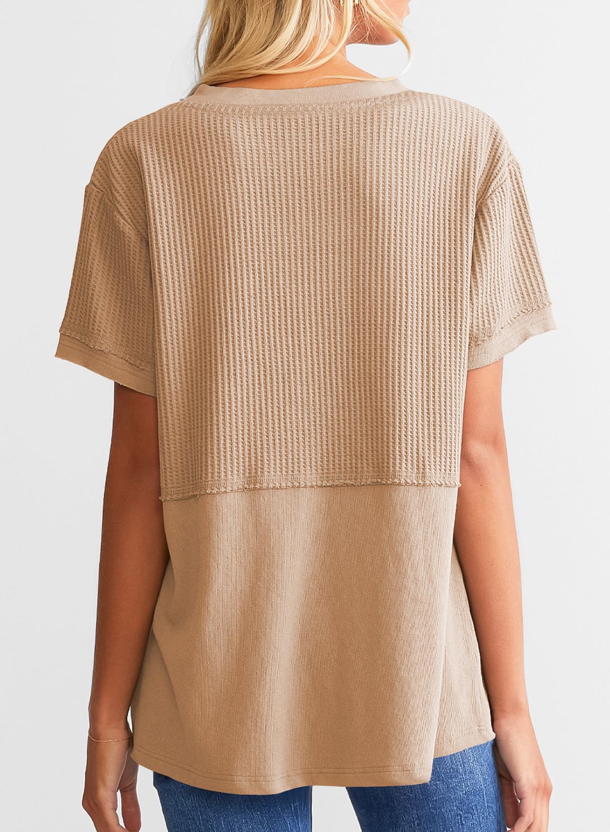 SHEWIN Women's Casual V-Neck Waffle Knit Top - Short Sleeve Loose Blouse T-Shirt for Summer, Travel & Everyday Wear