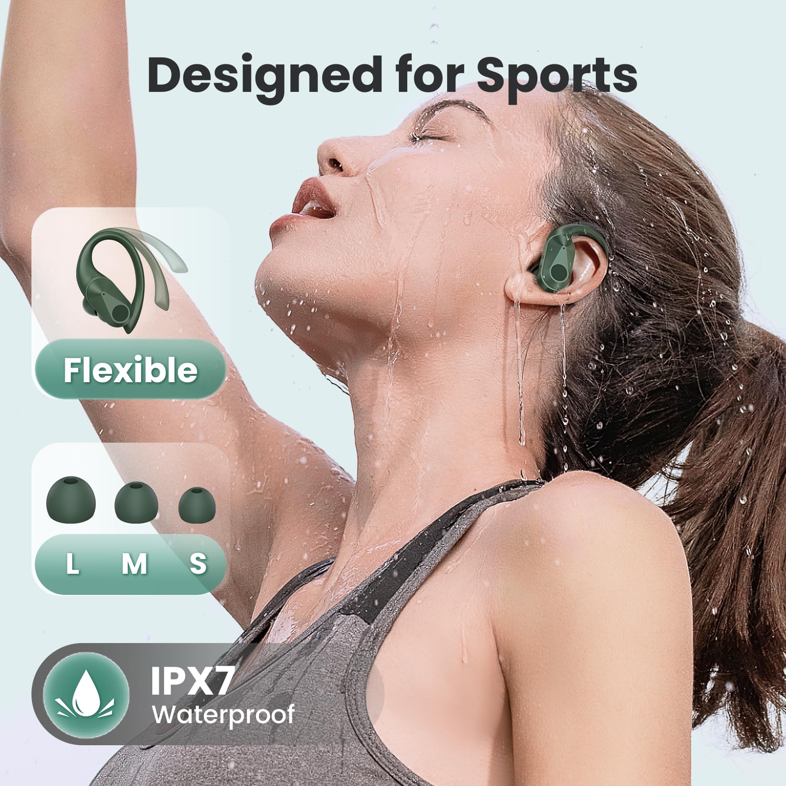 Wireless Bluetooth Earbuds with 90Hrs Playtime, IPX7 Waterproof, Wireless Charging Case & Over-Ear Earhooks - LED Power Display Stereo Headset with Deep Bass in Olive Green | Perfect for Running, Gym Workouts & Outdoor Sports