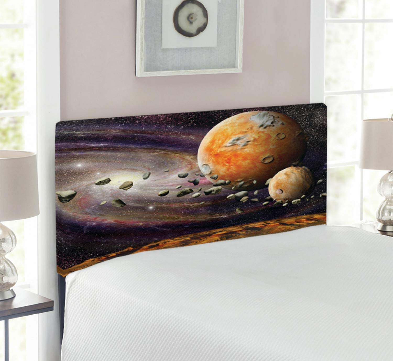 Ambesonne Galaxy Headboard - Twin Size Upholstered Metal Bed Frame with Memory Foam | Universe Outer Space Design Featuring Planets, Stars & Deep Sky Objects | Perfect for Astronomy Lovers' Bedroom Decor in Green & Purple