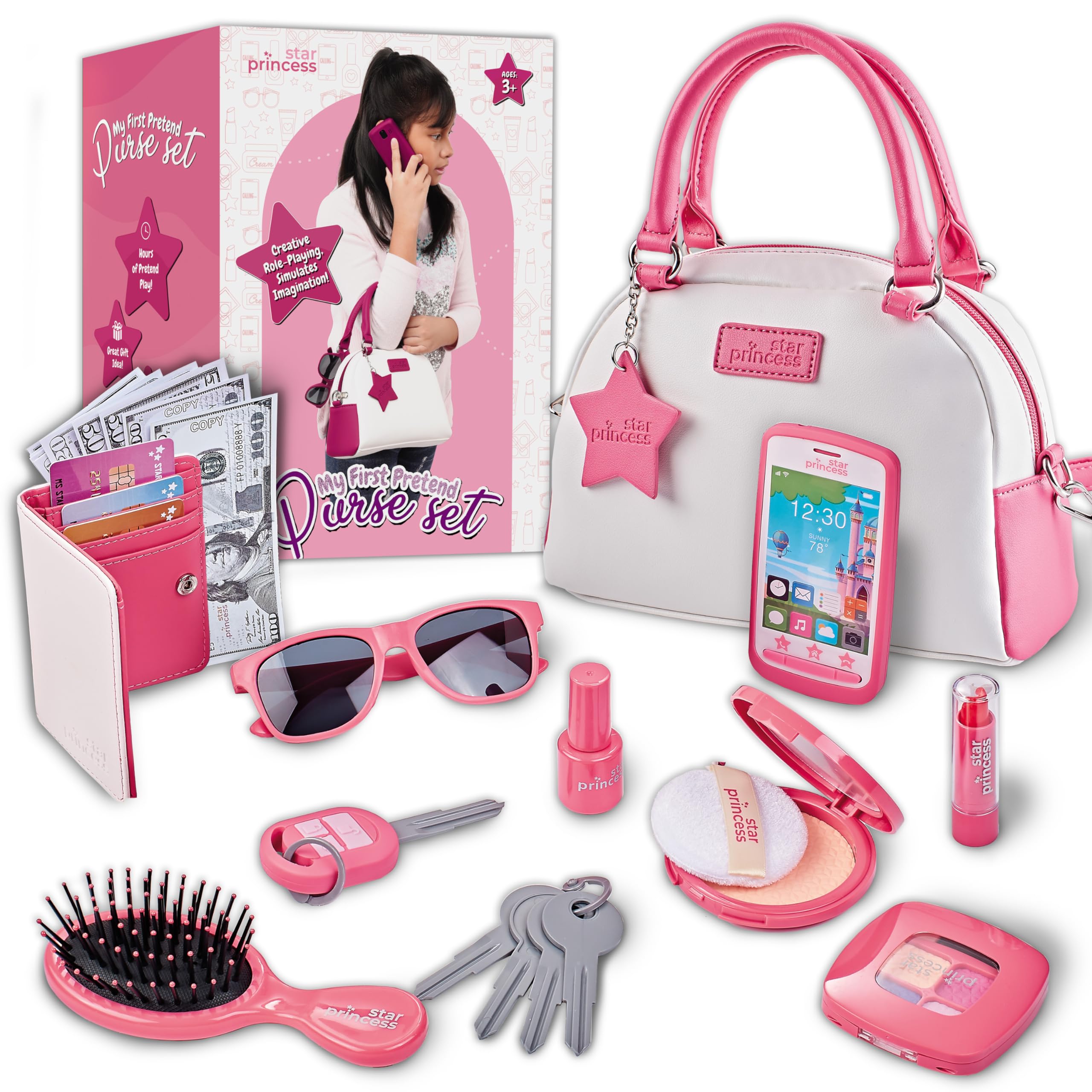 Pretend Play Purse Set for Girls Ages 3-8 - Toy Phone, Wallet, Credit Cards, Keys & Makeup Kit | Role Play Accessories for Toddlers & Little Girls | Perfect for Birthday Gifts, Dress-Up & Imaginative Play