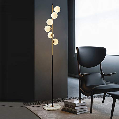LITFAD Spiral Ball Floor Lamp - Postmodern Ivory Glass Shade with 6 LED Bulbs, Gold & Black Stand - Modern LED Floor Light for Living Room, Bedroom, Hotel Lobby - Perfect for Ambient Lighting in Home Decor and Commercial Spaces