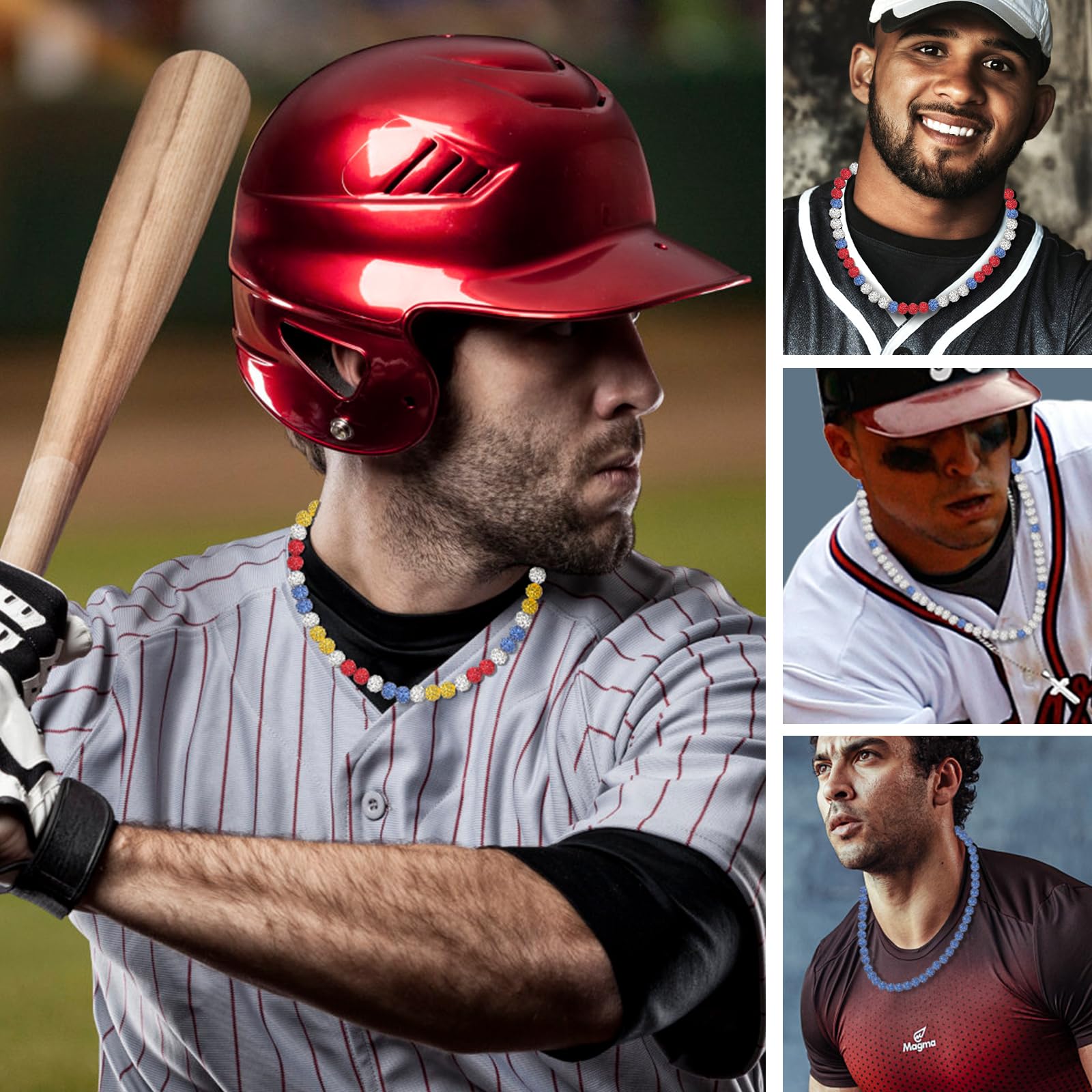 VZZNN 22in Glitter Rhinestone Baseball Clay Beaded Necklace for Men & Boys - Stylish Jewelry Gift for Baseball Players & Fans - Perfect for Games, Parties & Sports Events