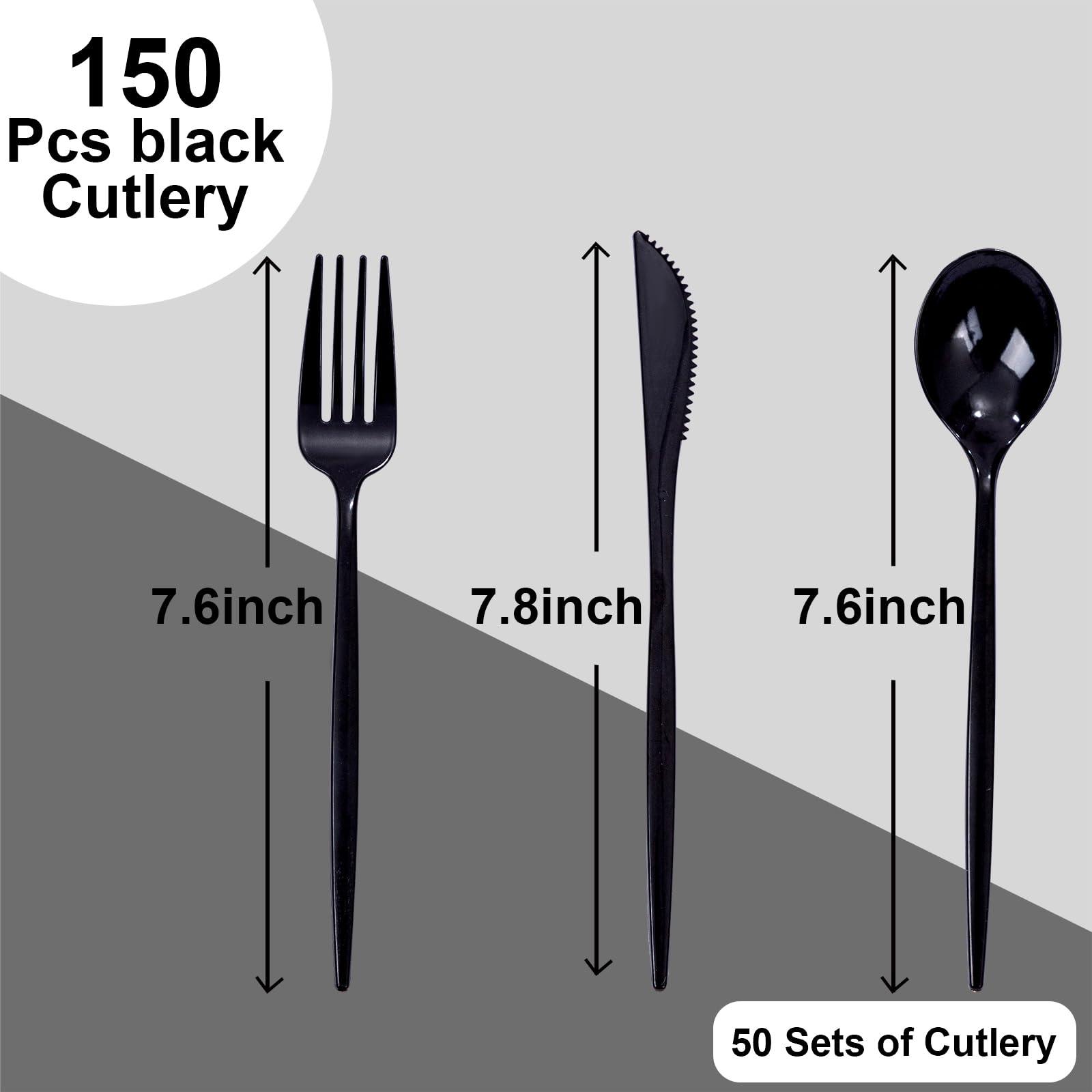 PULOTE 150-Piece Heavy Duty Black Plastic Silverware Set - Disposable Cutlery Kit with 50 Forks, 50 Spoons & 50 Knives - Durable Plastic Utensils for Parties, Weddings, Picnics, BBQ, Catering, Events & Holiday Gatherings - Perfect for Outdoor Dining, Family Reunions & Office Luncheons