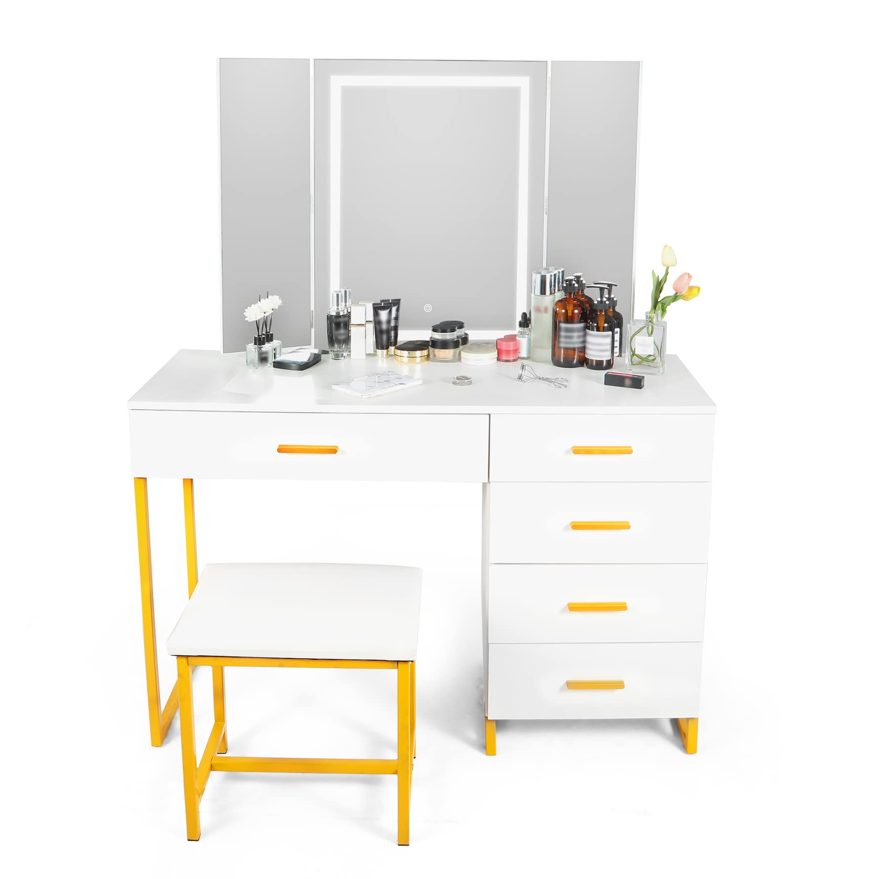 Vanity Desk with Mirror and Lights - Makeup Vanity Set with Cushioned Stool, Storage Shelves & 5 Drawers for Bedroom (White) | Perfect for Dressing Room, Beauty Salon & Home Decor