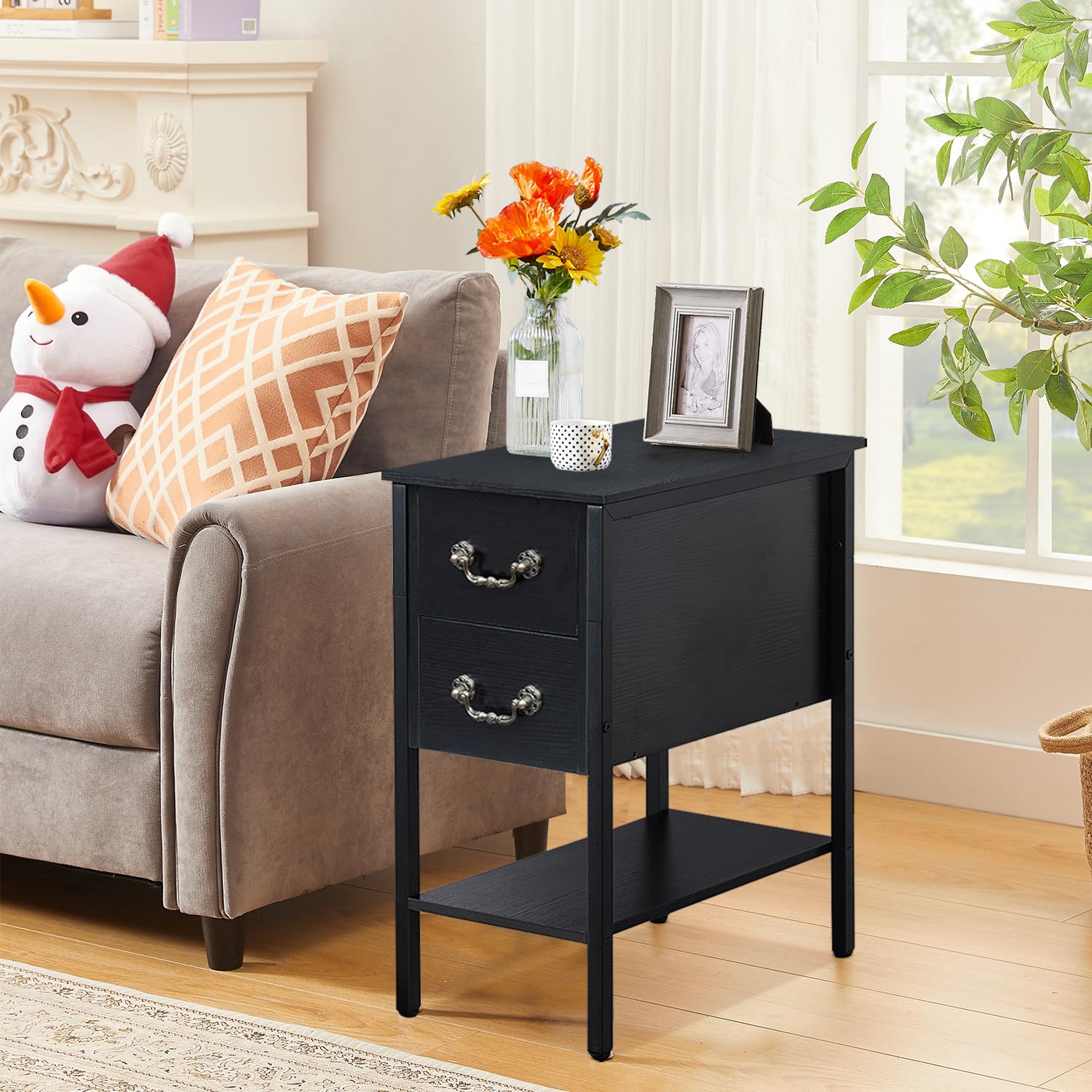 VECELO Narrow Nightstand with Drawers & Storage Shelf - Modern End Table for Small Spaces, Bedroom & Living Room | Perfect for Apartment, Dorm, Studio & Compact Home Decor