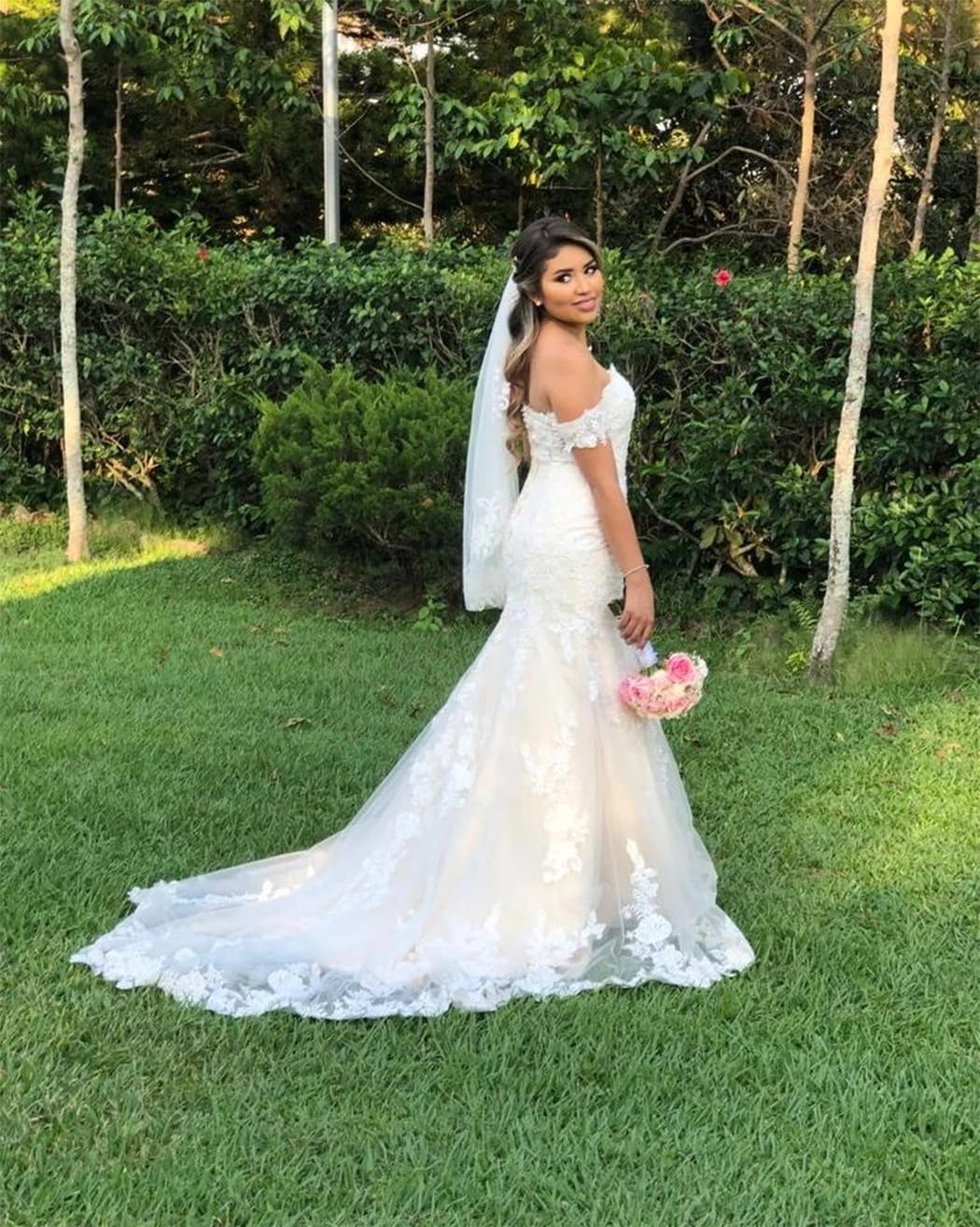 2025 Off The Shoulder Wedding Dress for Women - Boho Mermaid Bridal Gown with Appliques (RWDD38) | Perfect for Beach, Garden & Romantic Ceremonies