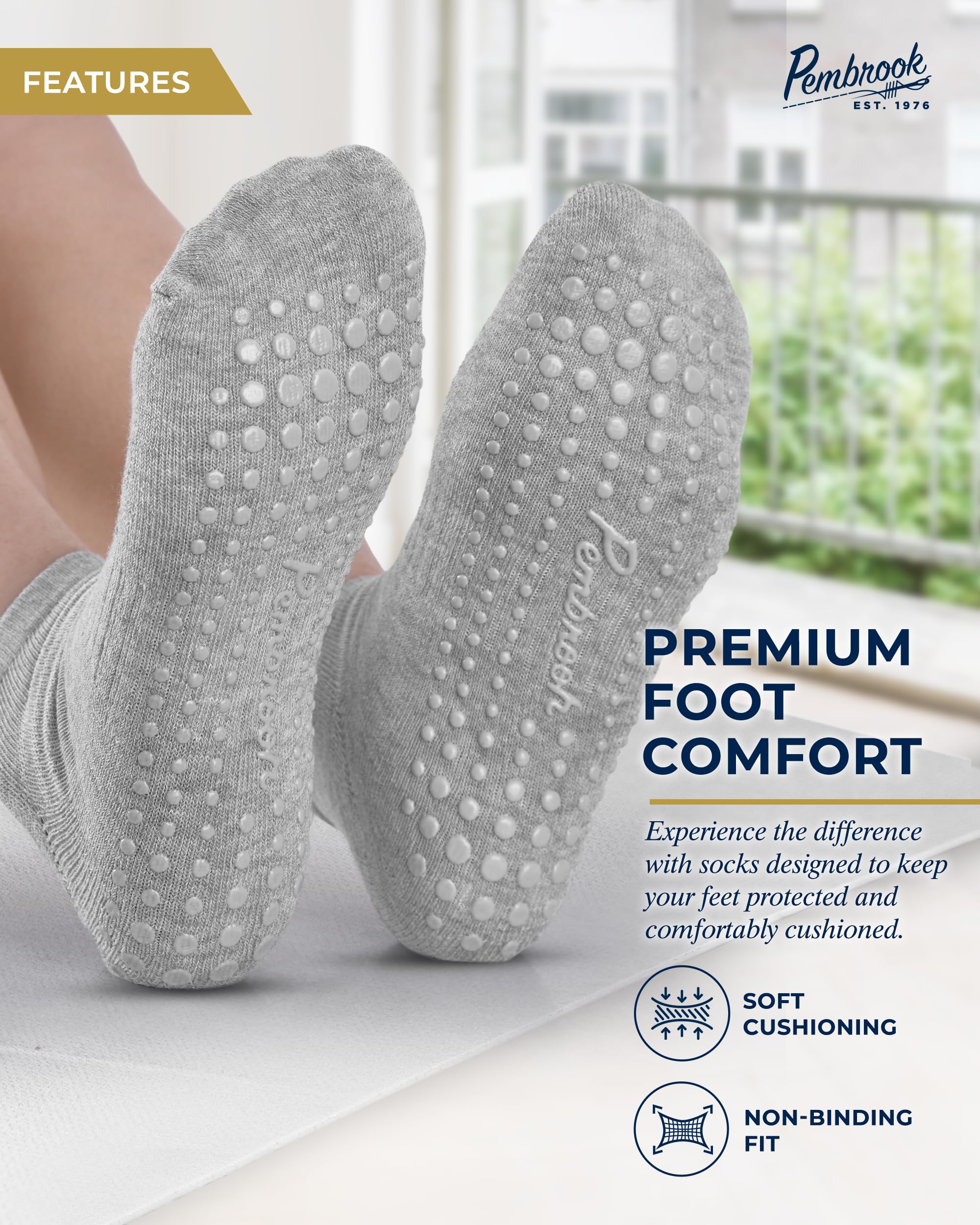 Pembrook Non-Slip Grip Socks - 6 Pairs Barre & Yoga Socks for Women & Men with Anti-Skid Dots | Perfect for Pilates, Dance, Workouts and Home Use