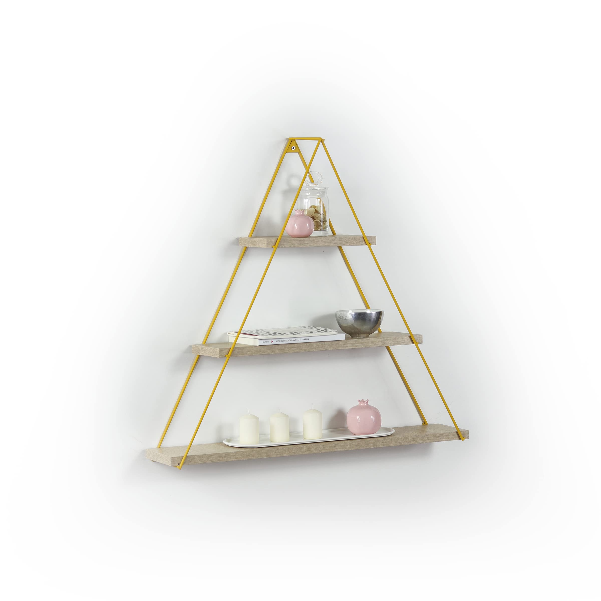 3-Tier Wooden Triangle Floating Shelf with Metal Bracket - Rustic Farmhouse Wall Mounted Shelf for Books, Plants & Decor | Perfect for Living Room, Bedroom, Dorm & Home Office Organization (Oak Finish)