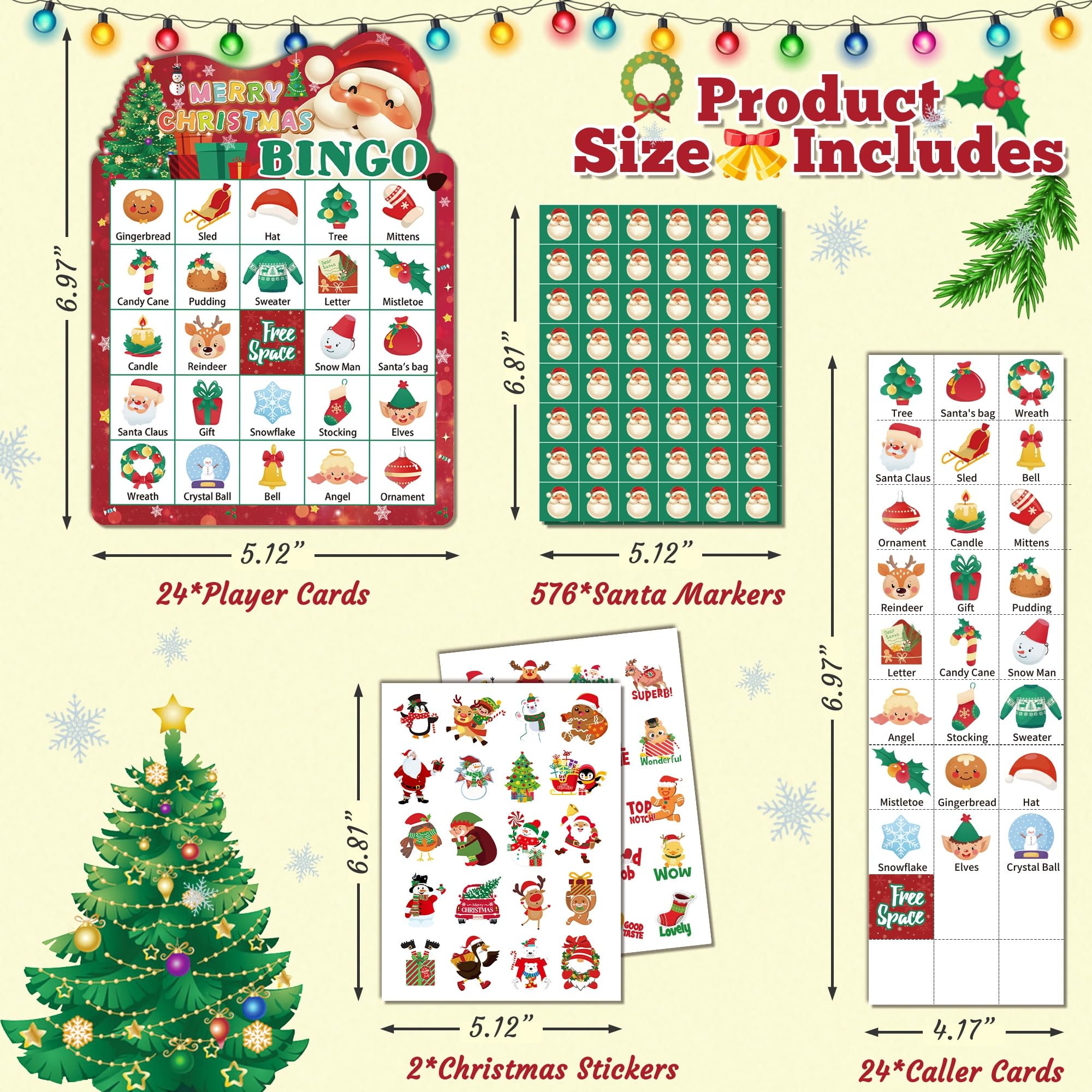 YOYOJOY 39-Piece Christmas Bingo Game Set for Kids & Adults - 24 Player Holiday Bingo Cards with Reward Stickers - Perfect for Family Gatherings, Classroom Activities & Xmas Party Games