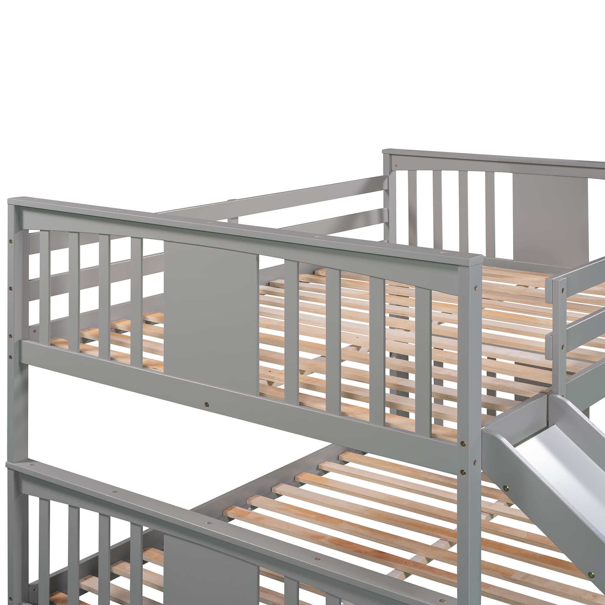 P PURLOVE Full Over Full Wood Bunk Bed with Slide for Kids & Teens - Low Profile Bunk Bed with Floor Bed Frame, No Box Spring Needed - Perfect for Small Bedrooms, Shared Kids Rooms & Sleepovers