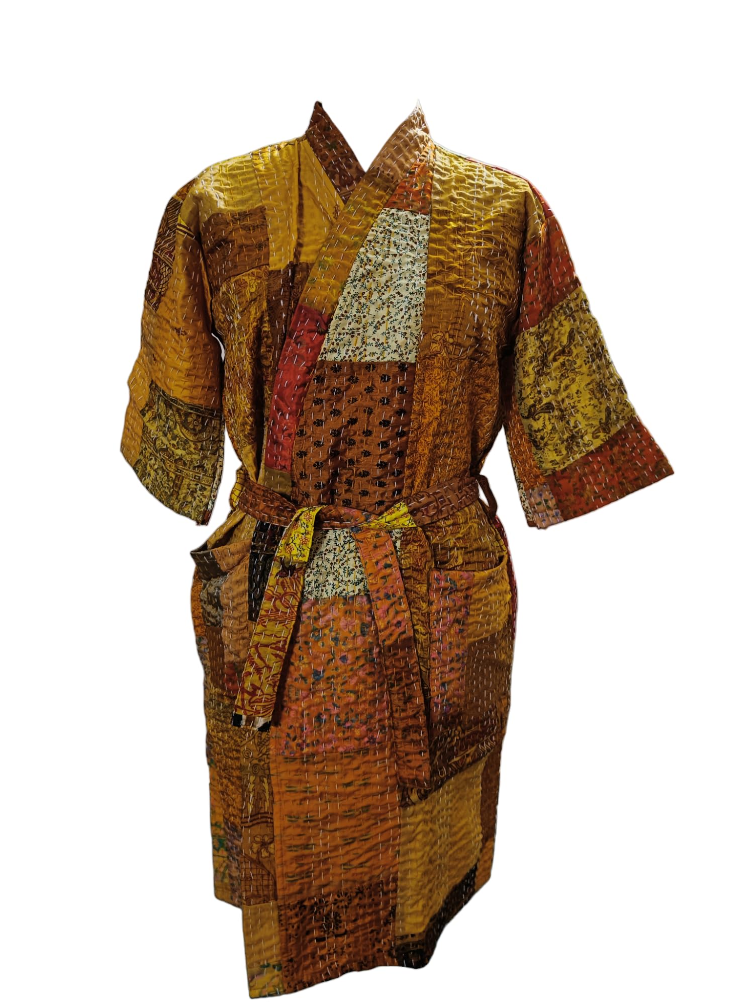 Rajbhoomi Women's Handmade Silk Patola Kantha Quilted Kimono Robe - Elegant Patchwork Overcoat Jacket for Lounge Wear & Special Occasions