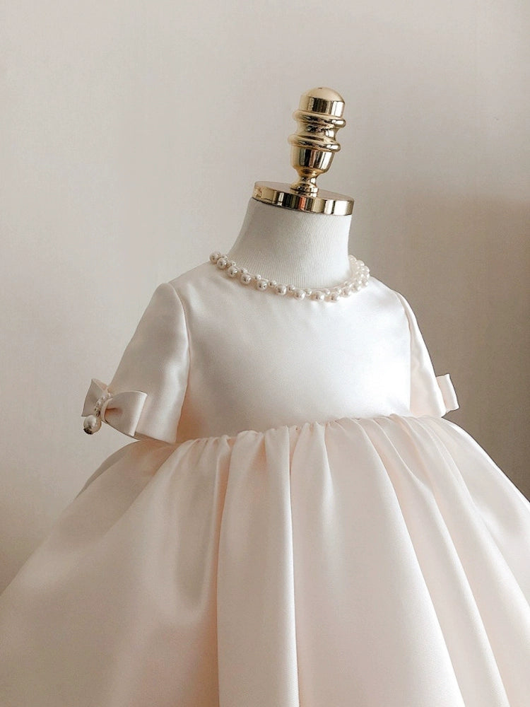 White Princess Round Tea Length Satin Flower Girl Dress for Weddings & Special Occasions - Perfect for Bridal Parties, First Communion & Formal Events