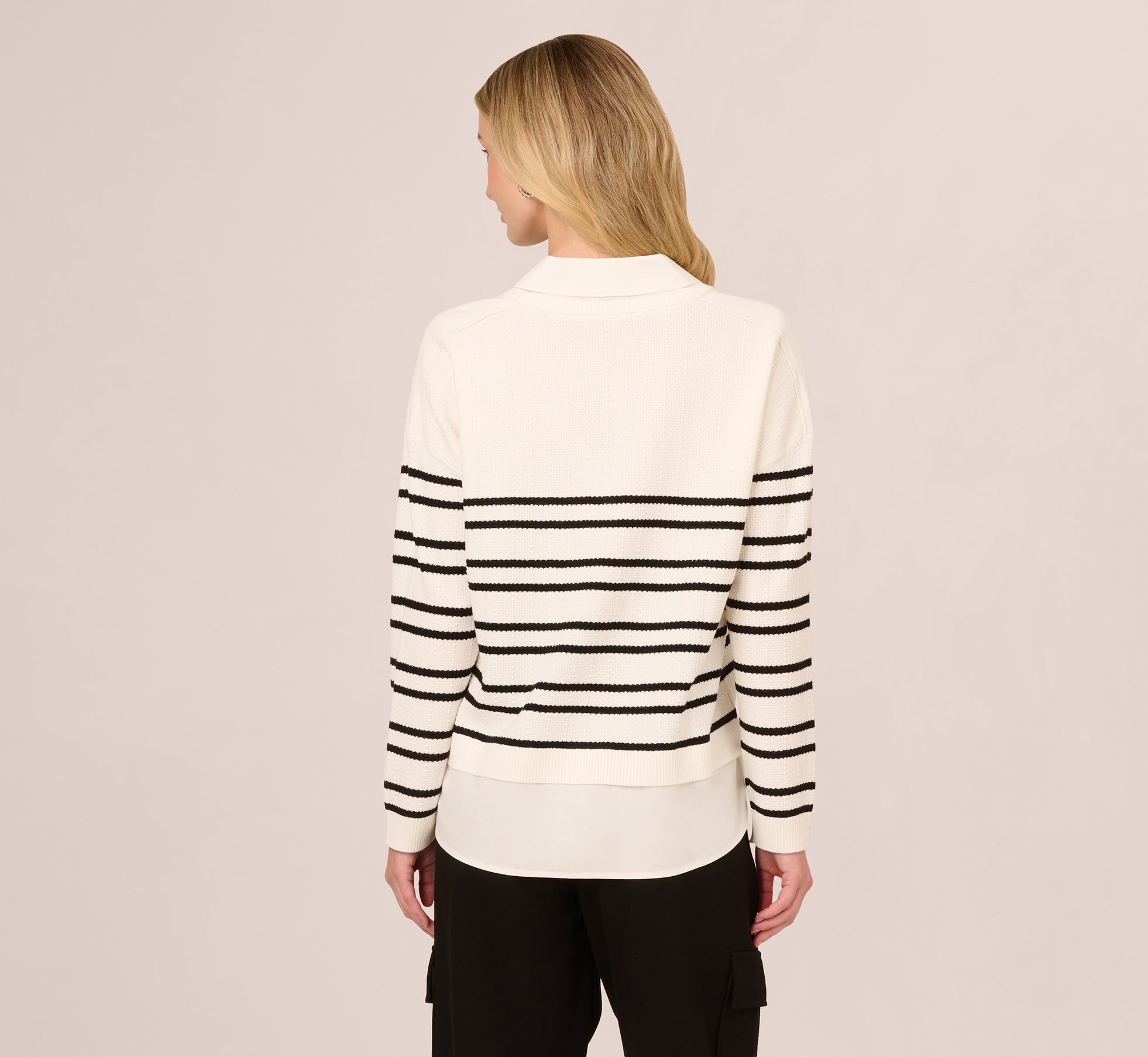Long Sleeve Stripe Collar Pullover Sweater for Women - Ivory & Black Color Block Design | Cozy Winter Knitwear for Office, Date Night & Casual Outings