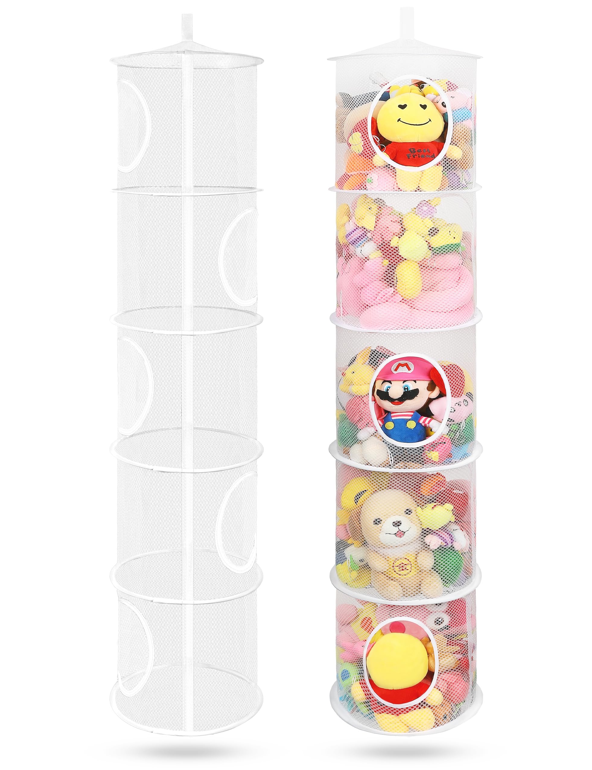 2Pcs Hanging Mesh Space Saver Bags Organizer - Foldable Stuffed Animal & Toy Storage with 5 Compartments for Kids Room, Gloves, Hats, Socks | Perfect for Closet, Nursery & Playroom Organization (White)