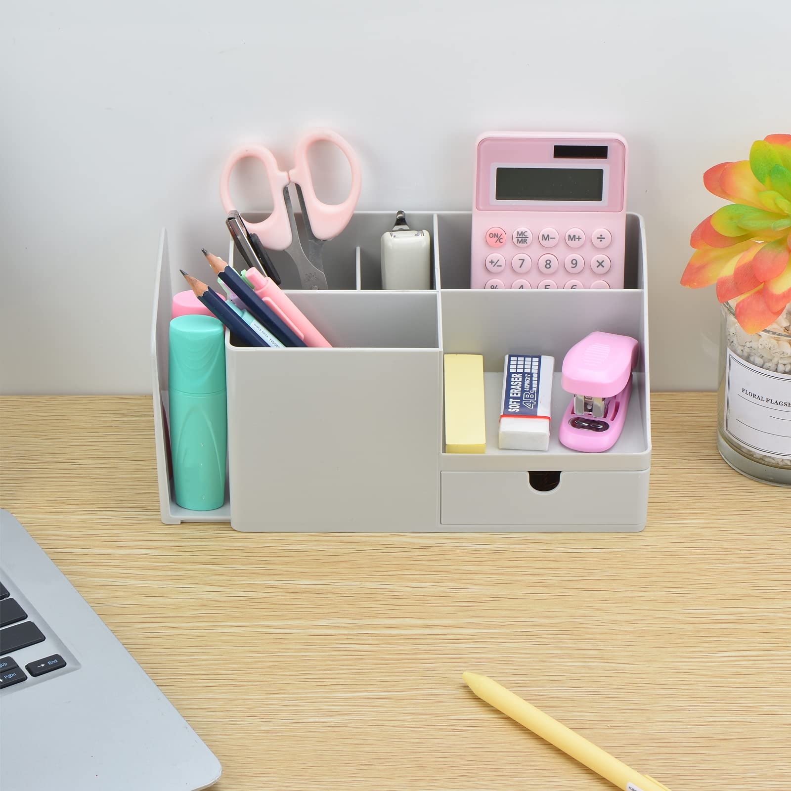 White Multifunctional Desk Organizer with Bookshelf & Drawer - Office Stationery & Makeup Storage Box, Small Grey - Perfect for Home Office, Study & Workspace Organization