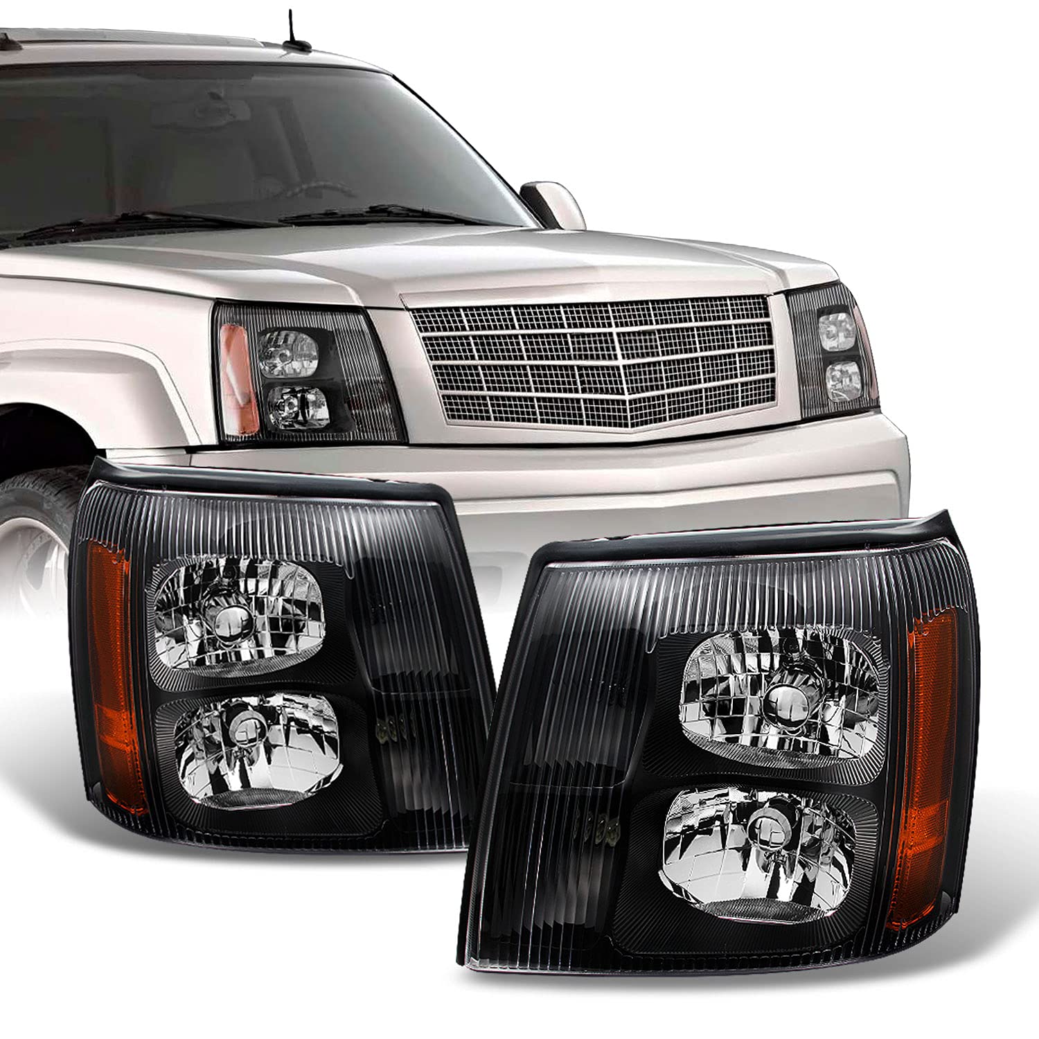AKKON Black Bezel HID Xenon Headlights Replacement Set for Cadillac Escalade - High Performance Front Lamps for Night Driving & Off-Road Adventures