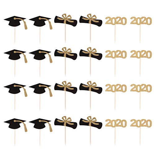 Amosfun 24PCS Glitter Graduation Cupcake Toppers - Class of 2020 Cake Decorations for College & High School Graduation Parties - Perfect for Graduation Cakes, Cupcakes & Dessert Displays