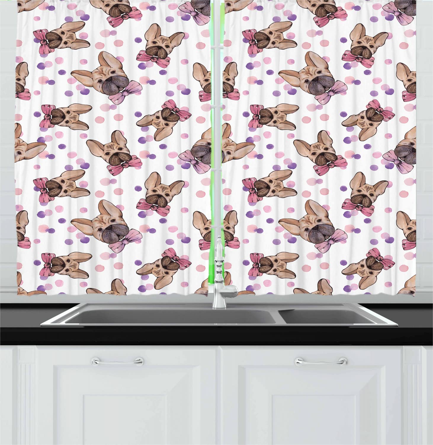 Ambesonne Dog Themed Kitchen Curtains - Watercolor Pet Portraits with Bowties & Dots, 2 Panel Rod Pocket Drapes, 55x45 Inches, Pale Pink Violet Brown - Perfect for Pet Lovers' Home Decor, Kitchen & Dining Room Window Treatments