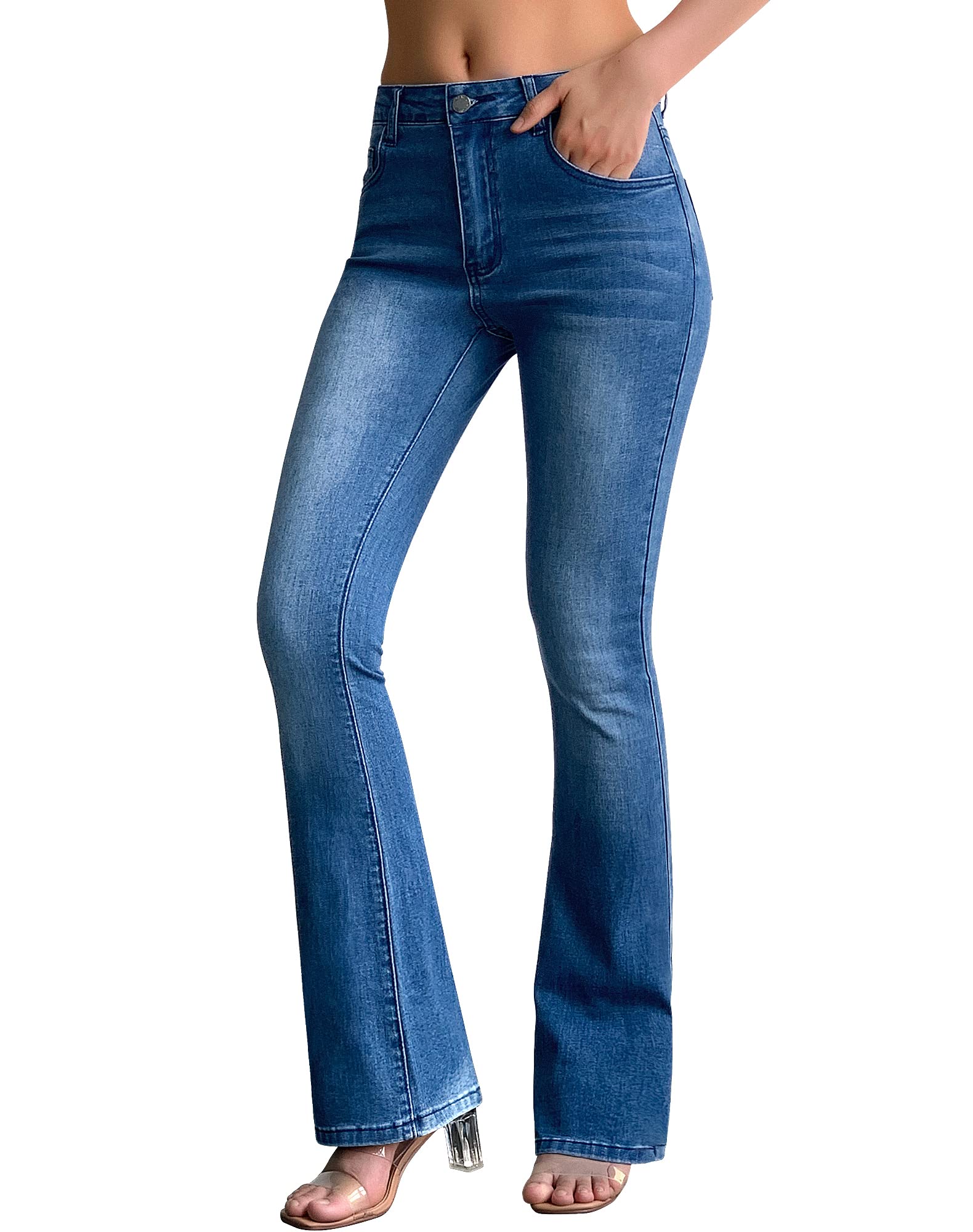 Roswear Women's Mid Waist Bell Bottom Stretchy Flare Jeans - High Comfort Retro Pants for Casual Wear & 70s Vintage Style Outfits
