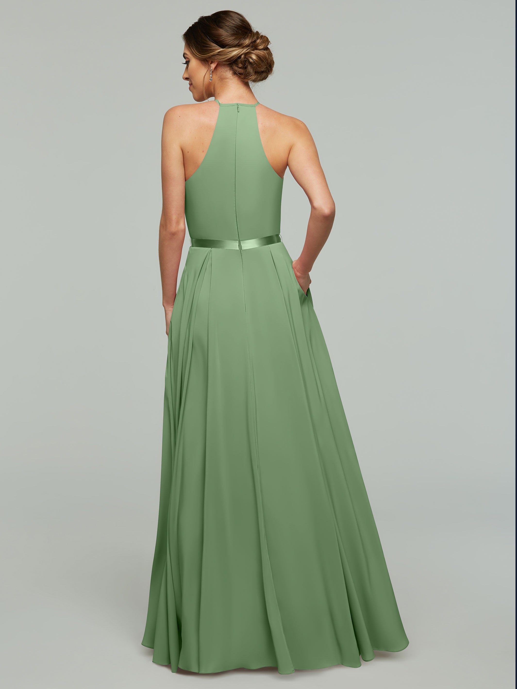 Elegant A-Line Stretch Chiffon Bridesmaid Dress with Halter Neckline & Waist Belt - Perfect for Weddings, Parties & Formal Events
